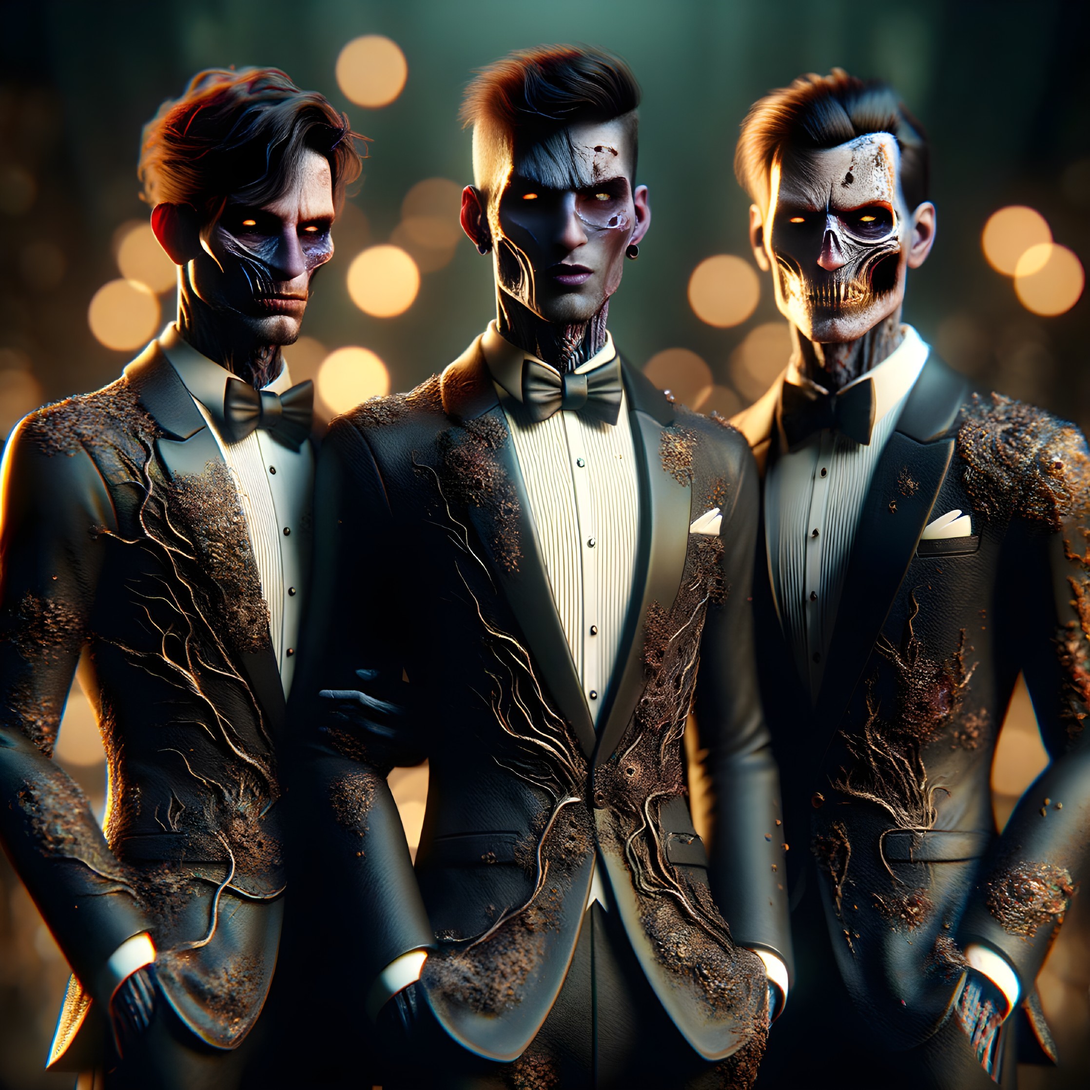 Elegant Figures with Human-Robotic Features in Tuxedos