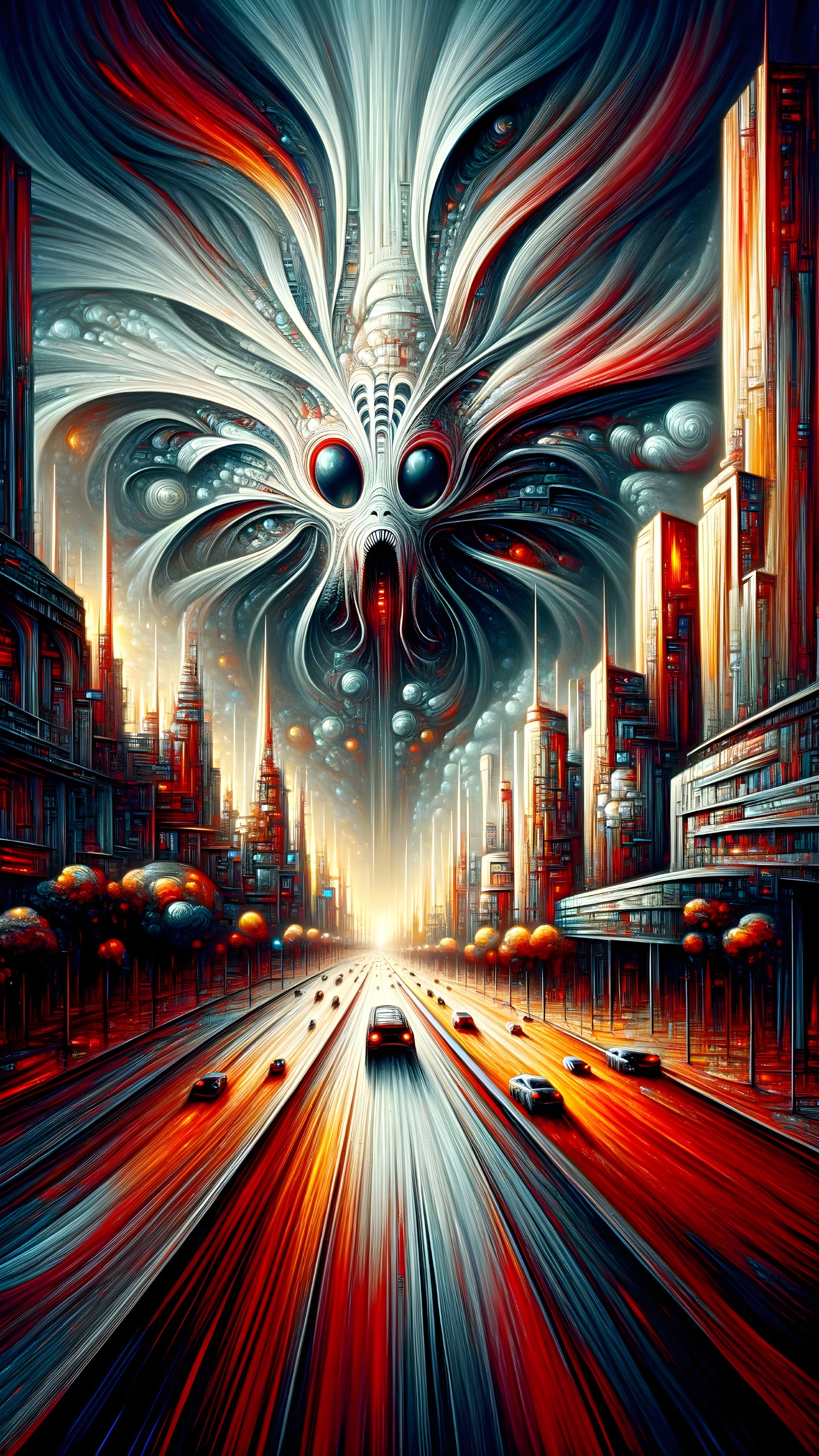 Surreal Cityscape with Ethereal Being and Skyscrapers