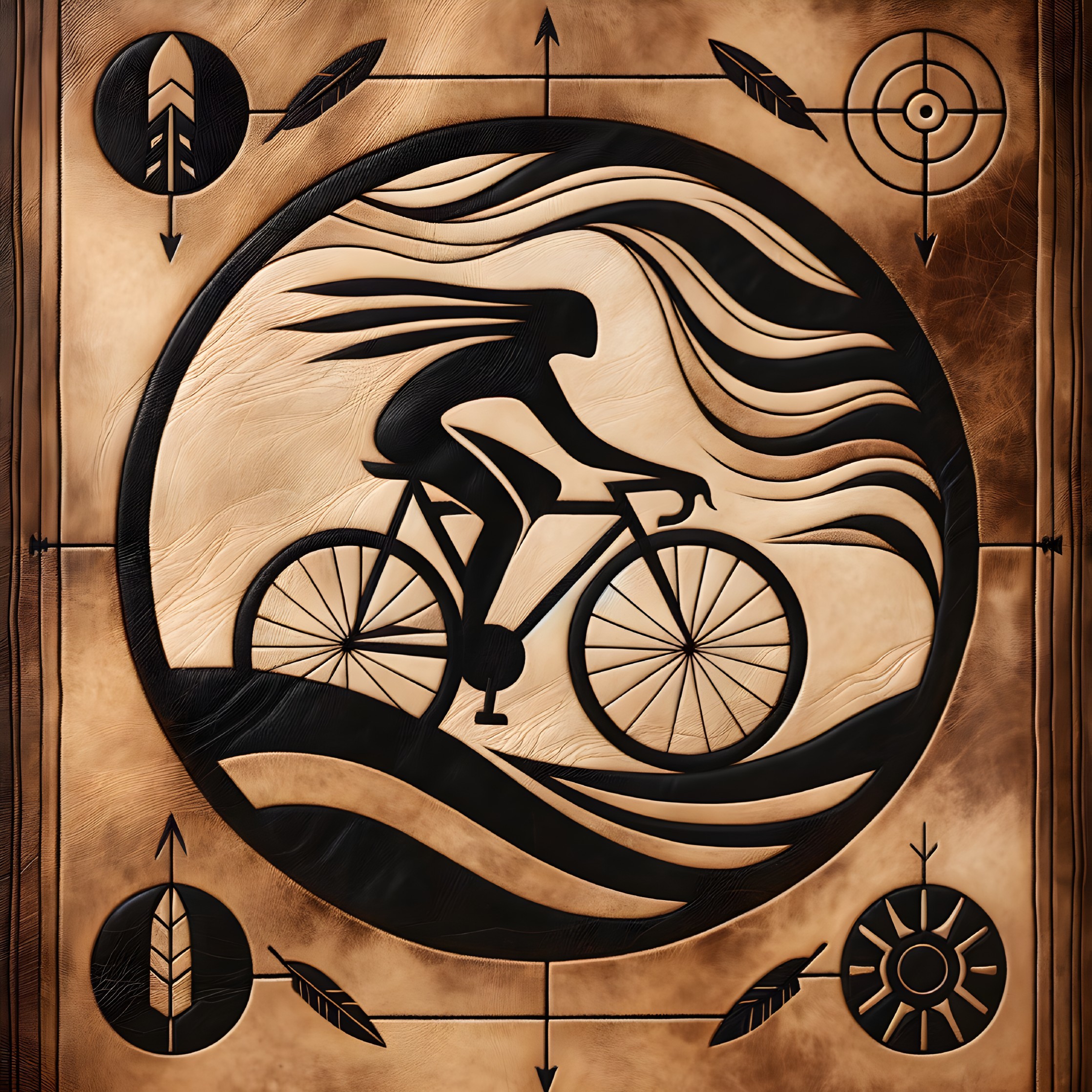 Stylized Cyclist Artwork with Nature Symbols