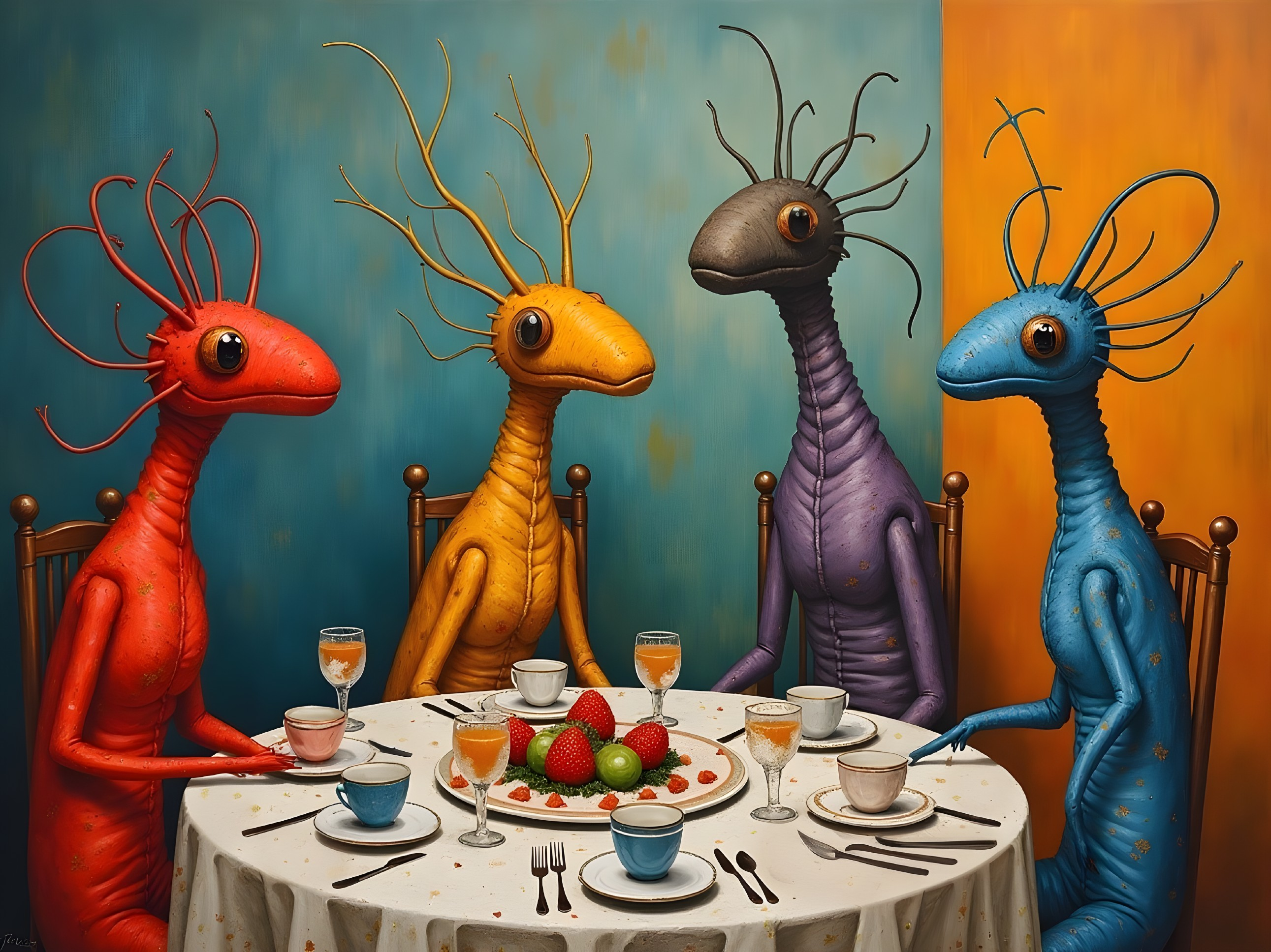 Whimsical Alien Creatures at a Colorful Tea Table