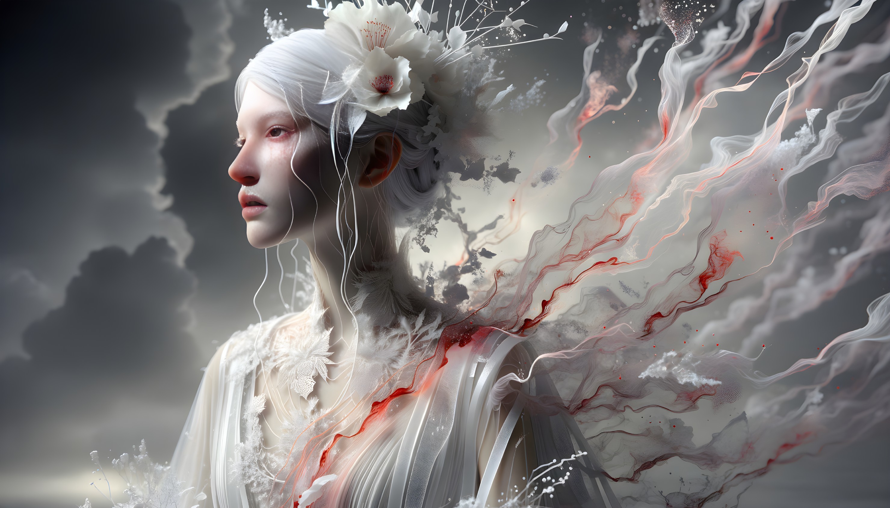 Ethereal Figure with Floral Elements and Gray Clouds