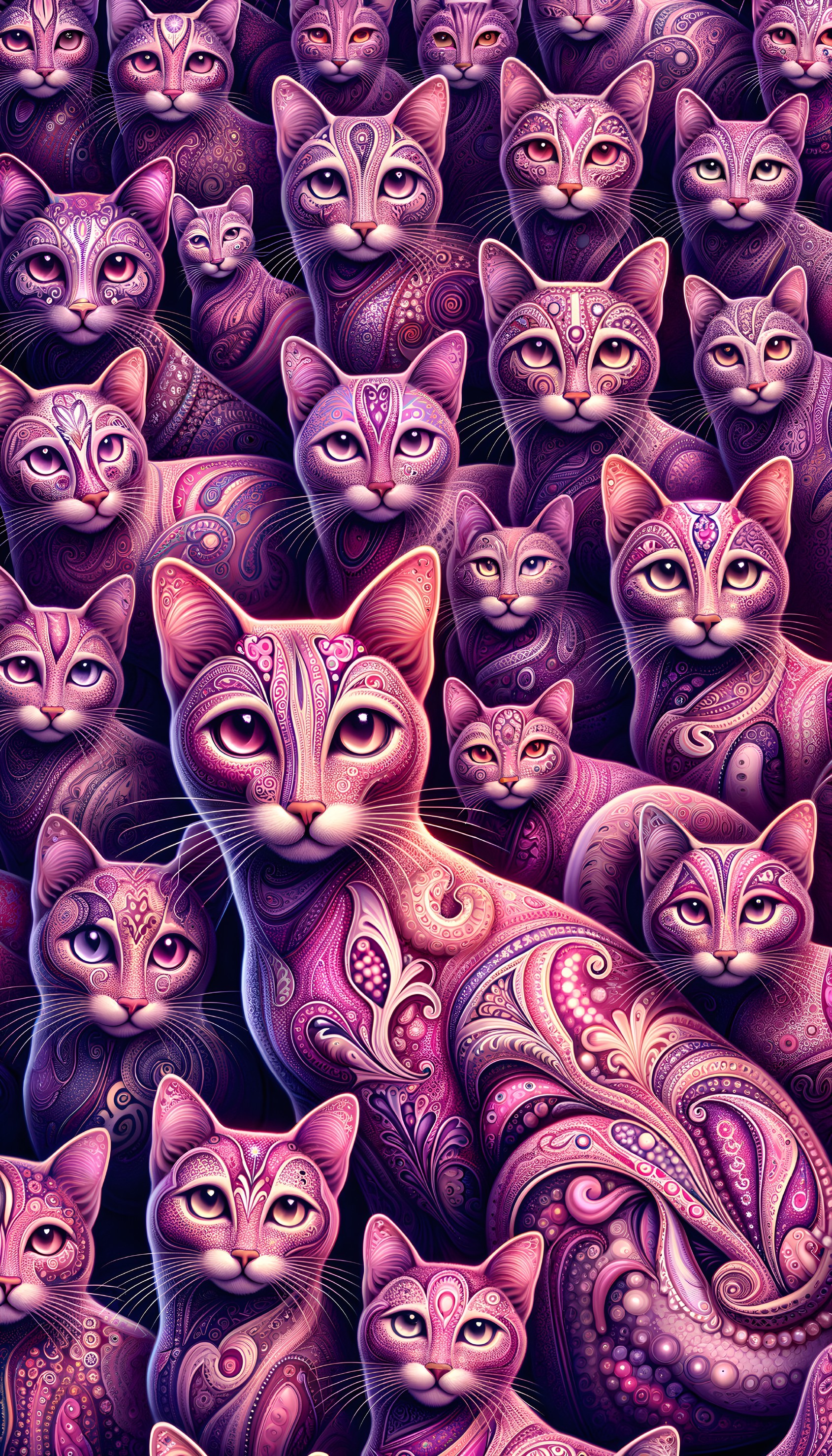 Intricate Pattern of Stylized Cats in Purple and Pink
