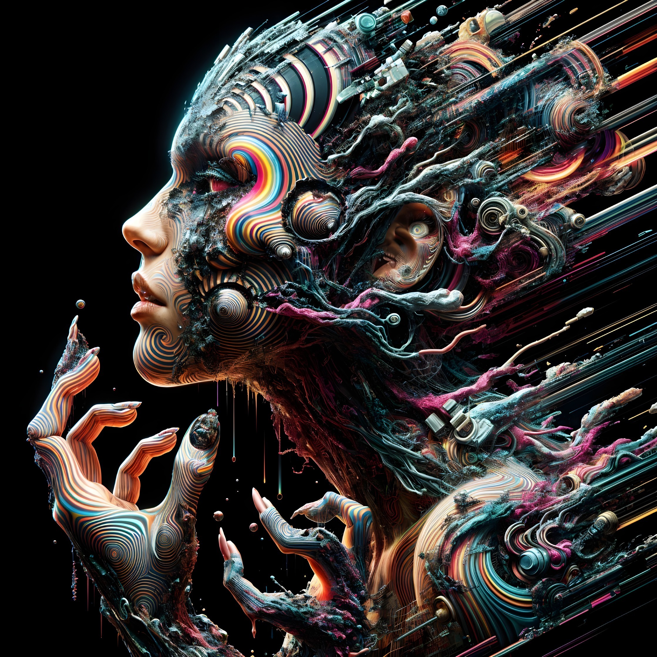 Surreal Humanoid Portrait with Vibrant Colors and Patterns