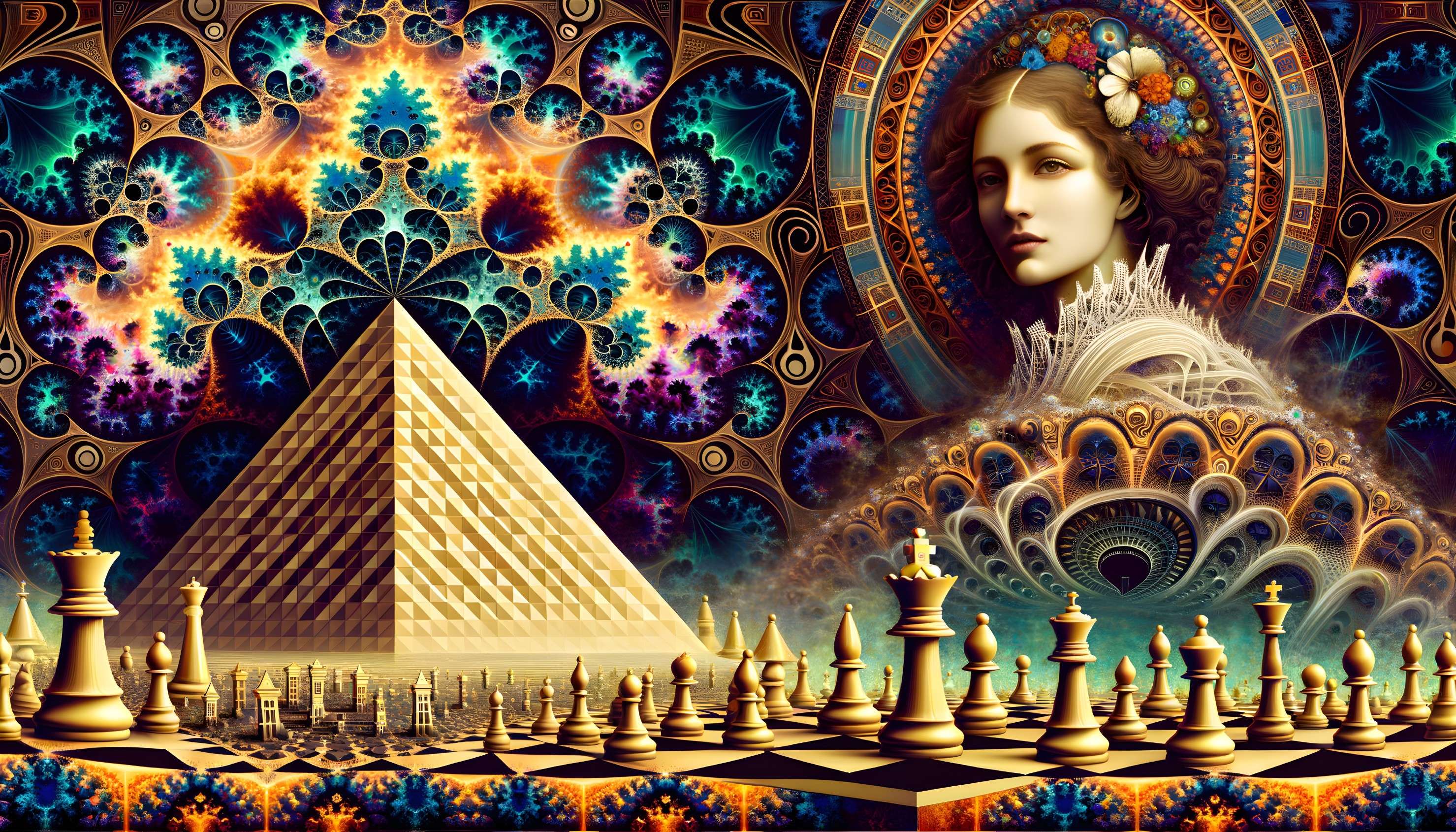 Surreal Landscape with Pyramid and Chessboard Elements