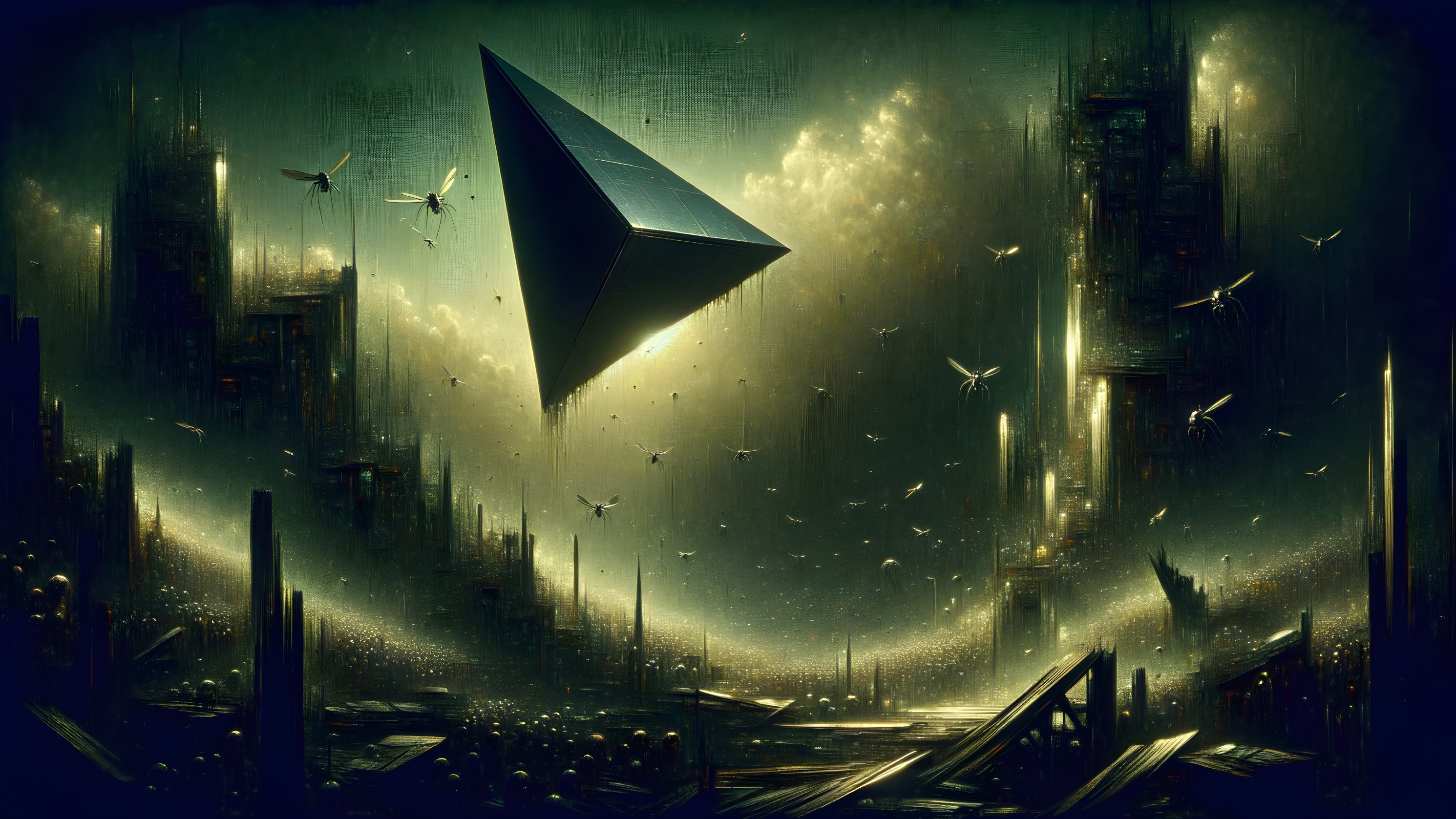Dystopian Scene with Dark Pyramid and Glowing Creatures