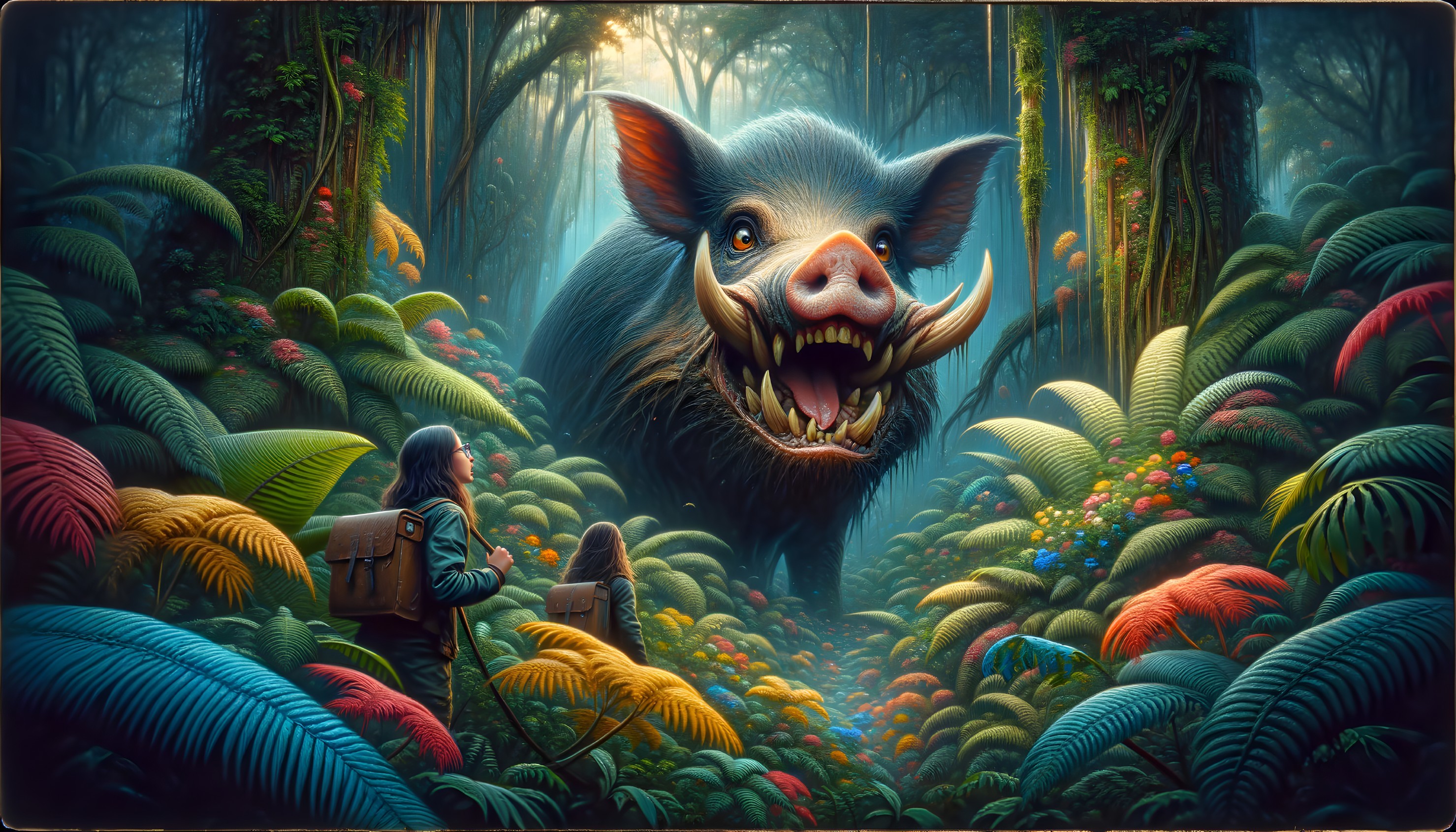 Adventurers Encounter a Massive Boar in Jungle Setting