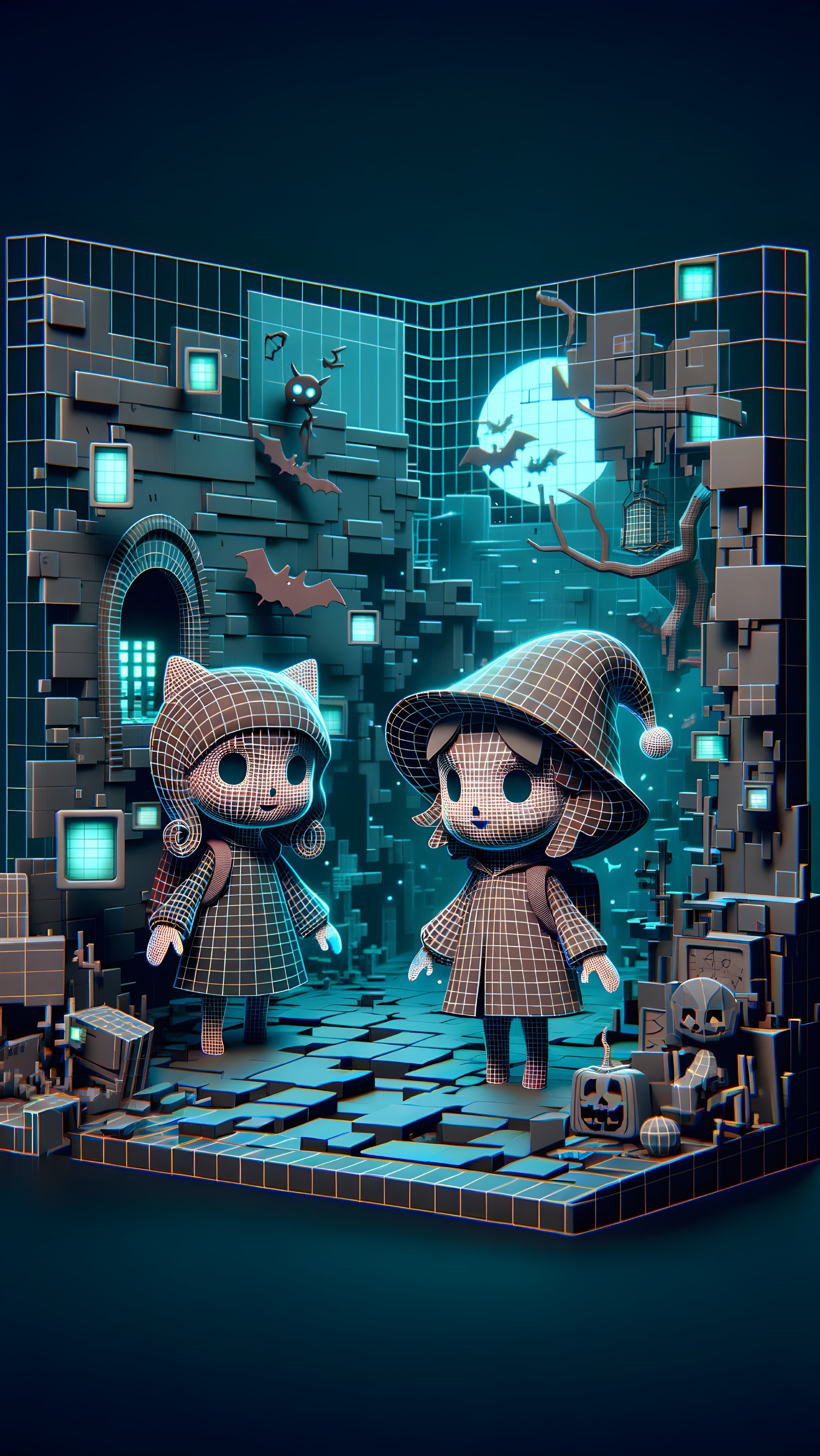 3D Cartoon Characters in Whimsical Halloween Scene