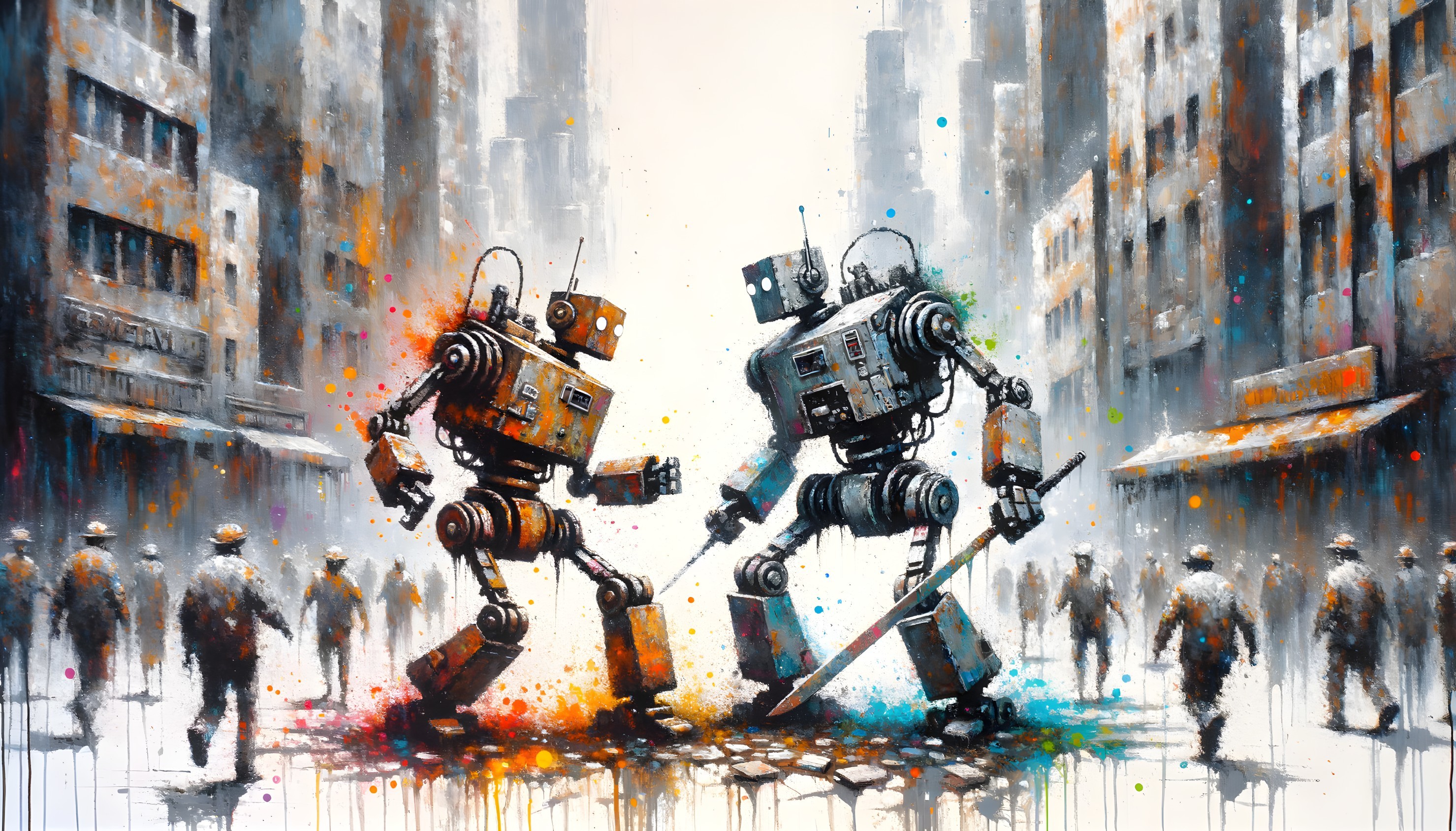 Whimsical Robots in a Colorful Urban Standoff