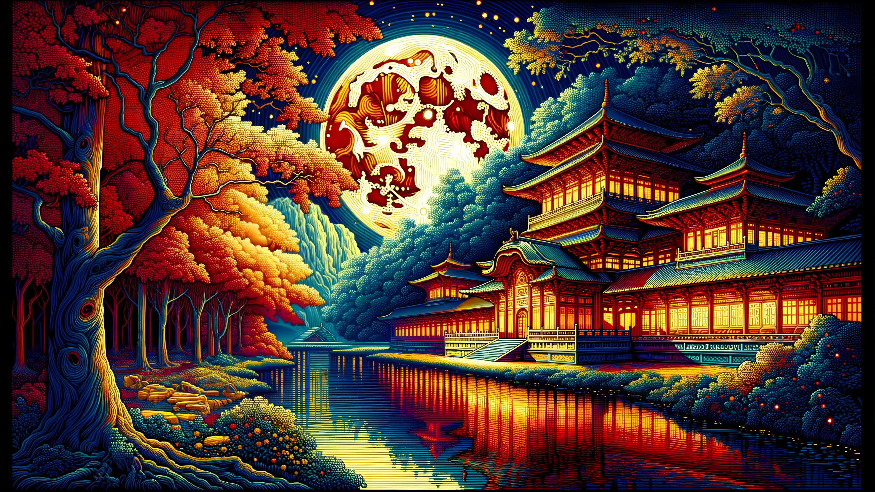 Traditional Asian Pagoda Under Full Moon and Autumn Foliage