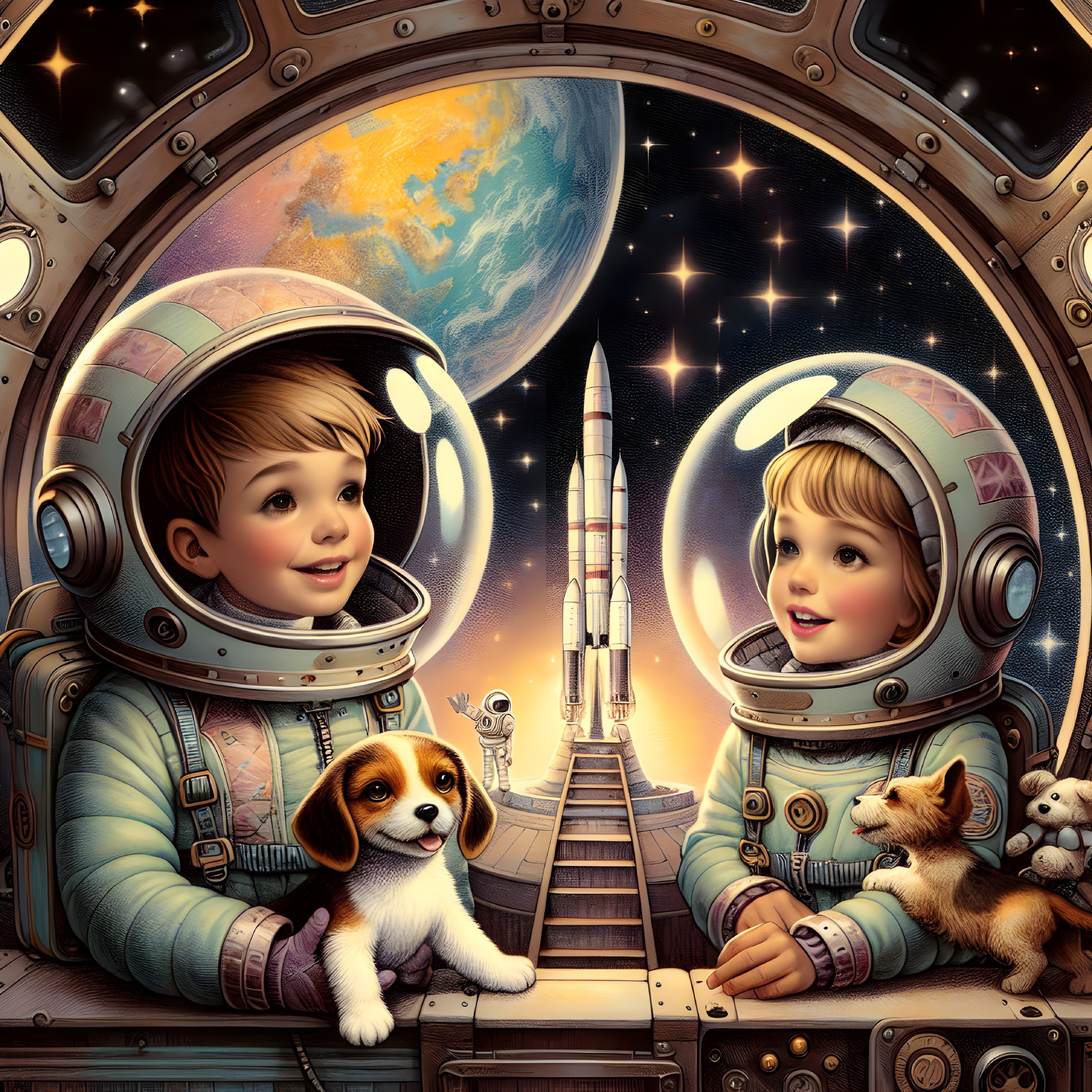 Children in astronaut suits with dogs in space scene