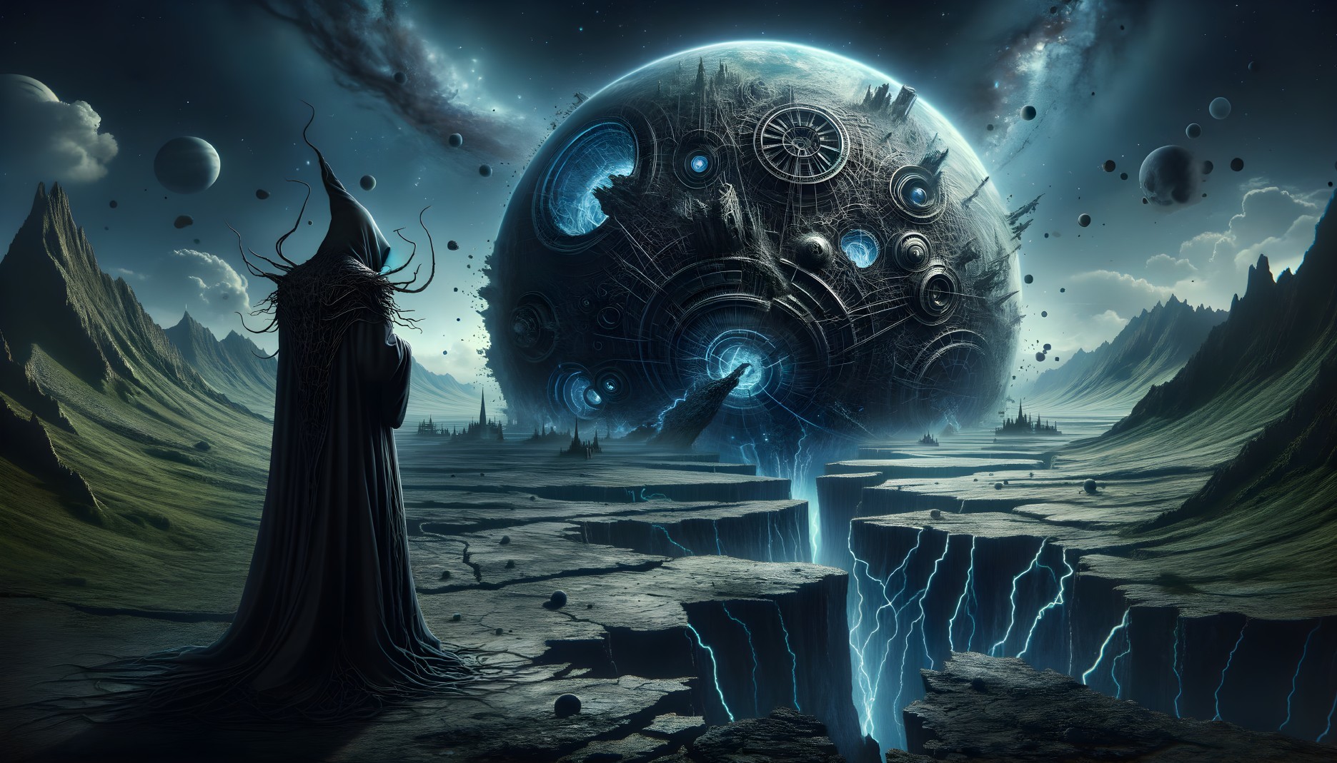 Cloaked Figure Overlooking Surreal Chasm and Planet