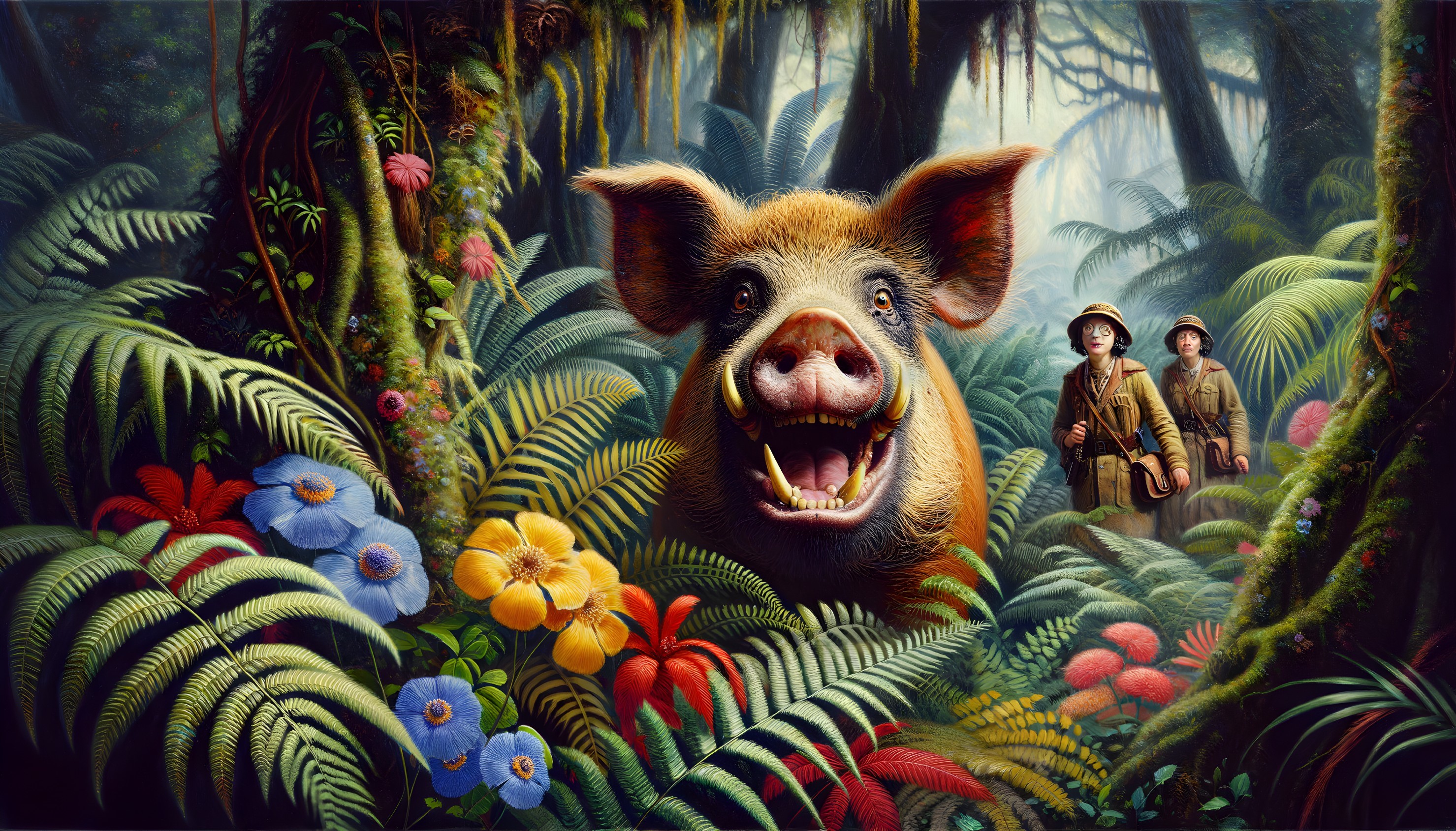 Cartoon Pig in Lush Jungle with Explorers Nearby