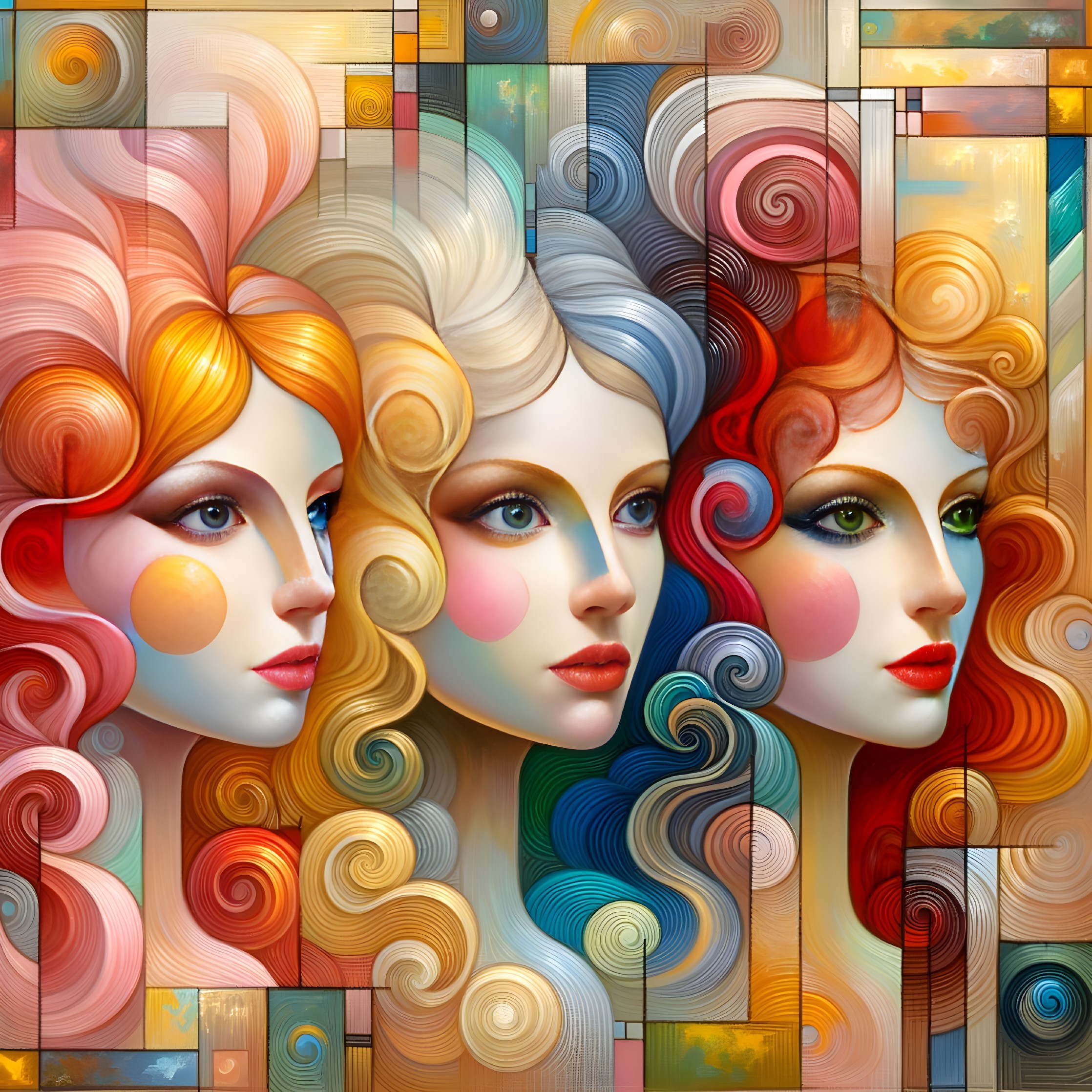 Stylized Female Portraits with Vibrant Hair and Patterns