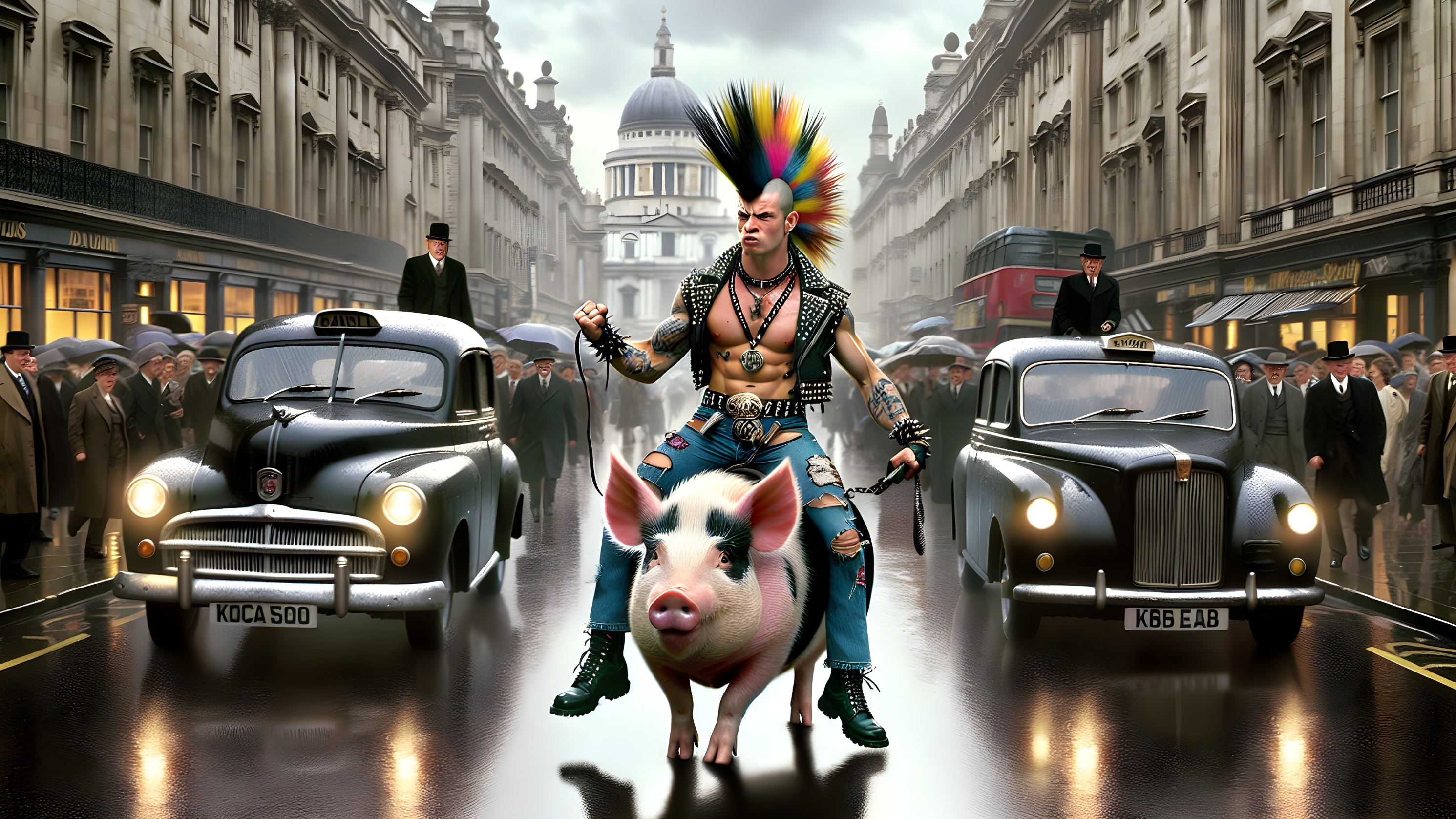 Punk Rocker on Pink Pig in Bustling City Scene