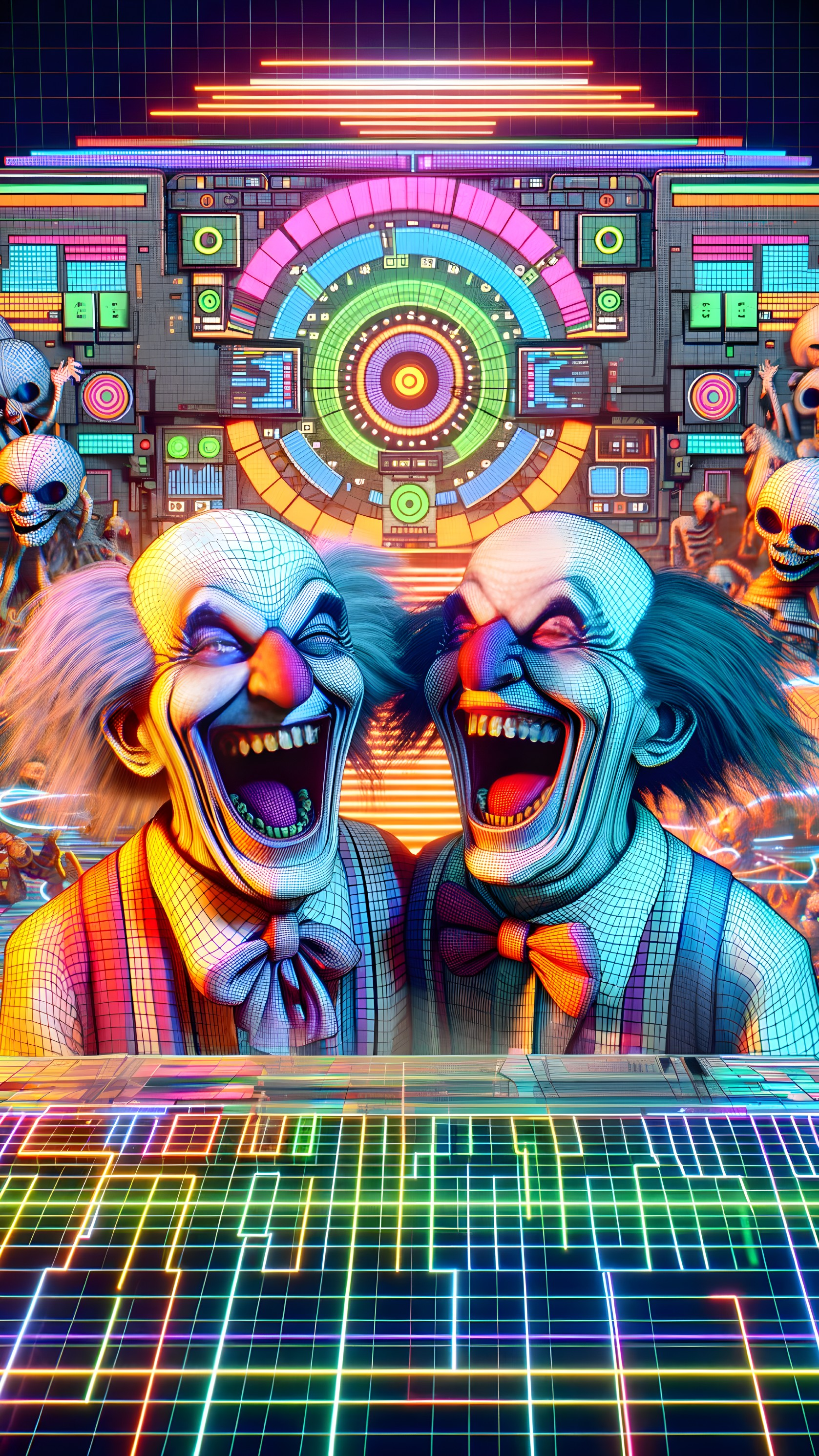 Brightly Colored Clowns in Neon Digital Background