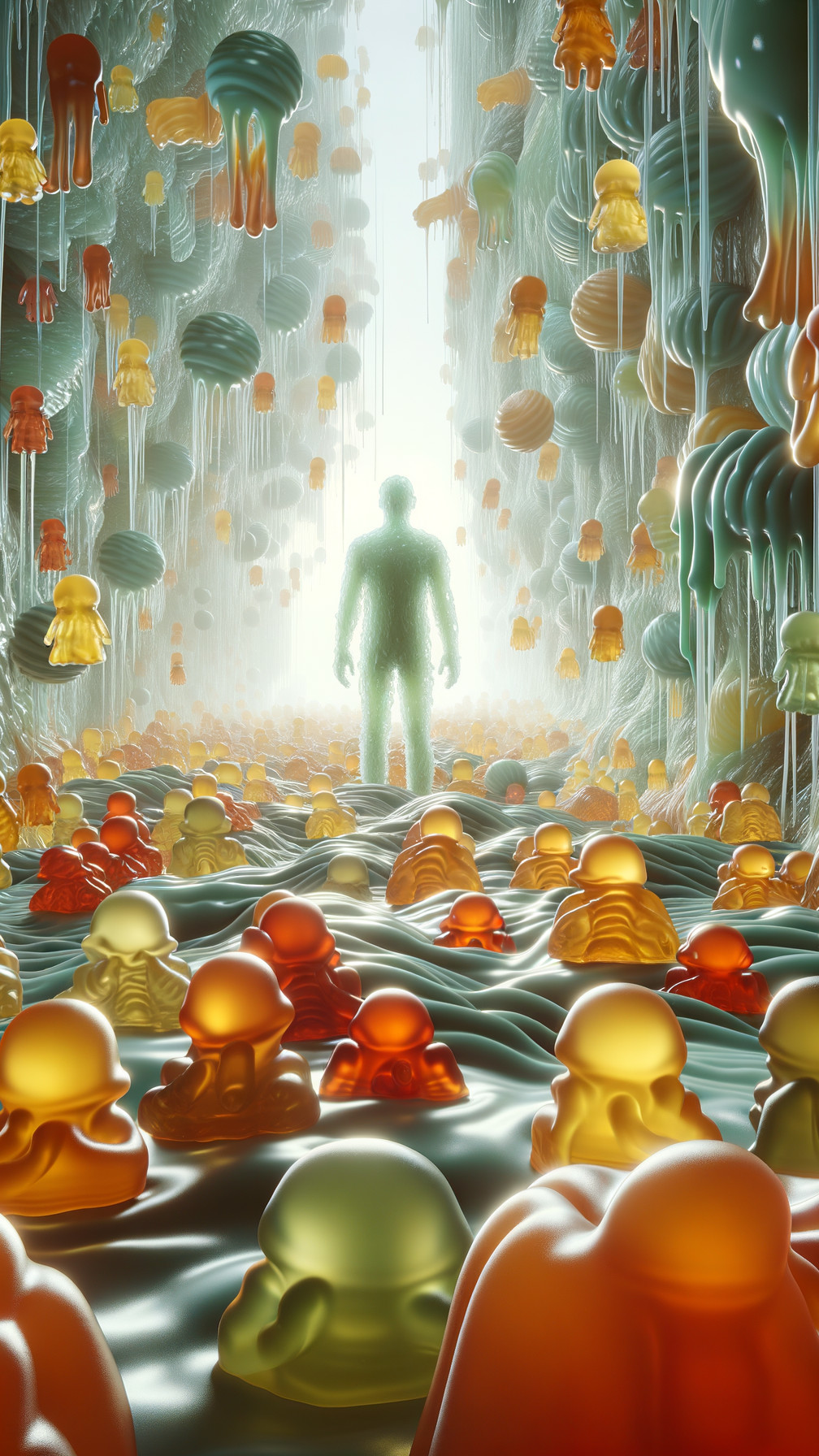 Surreal Landscape with Colorful Translucent Figures