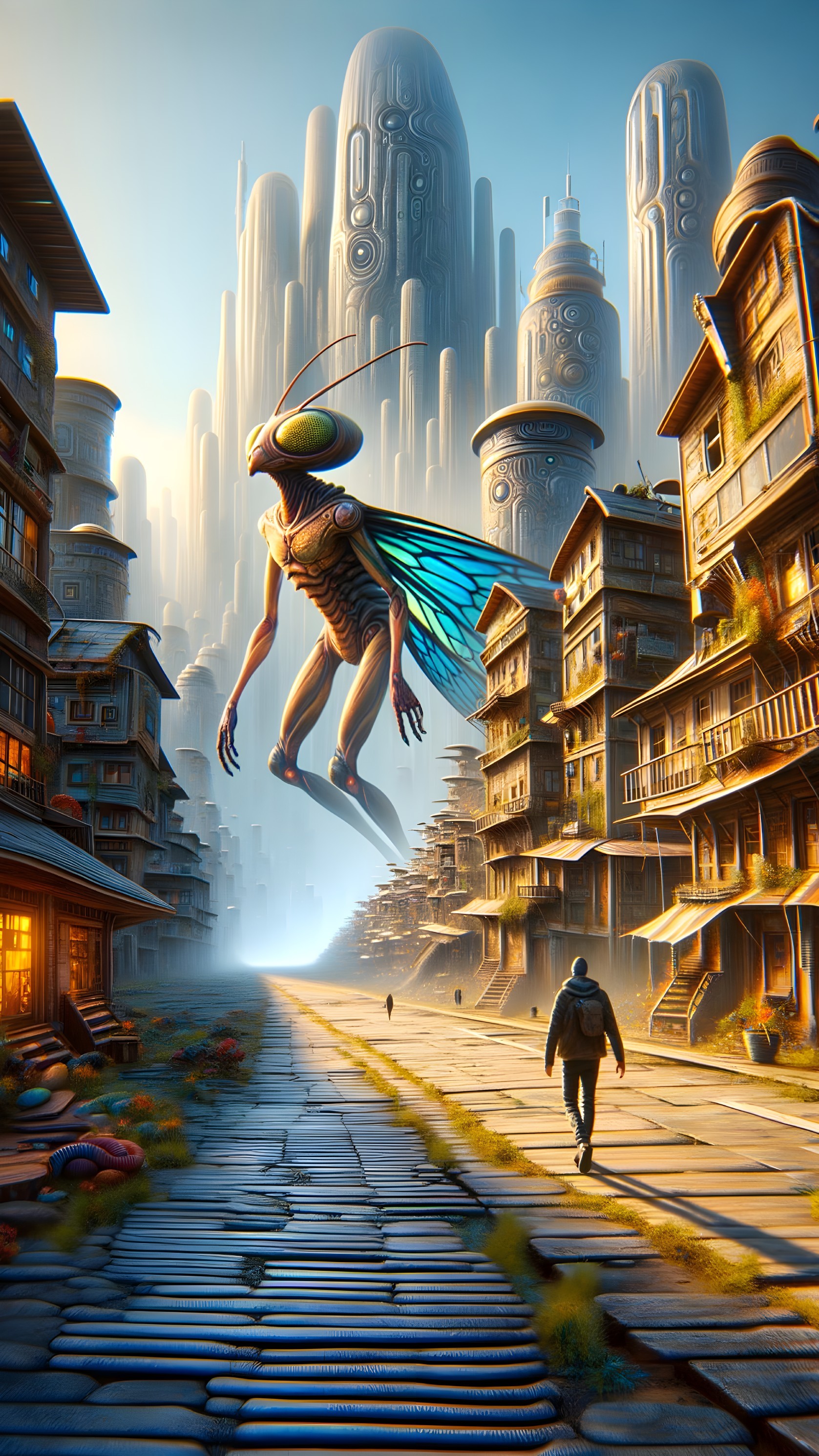 Futuristic cityscape with humanoid insect and lone figure