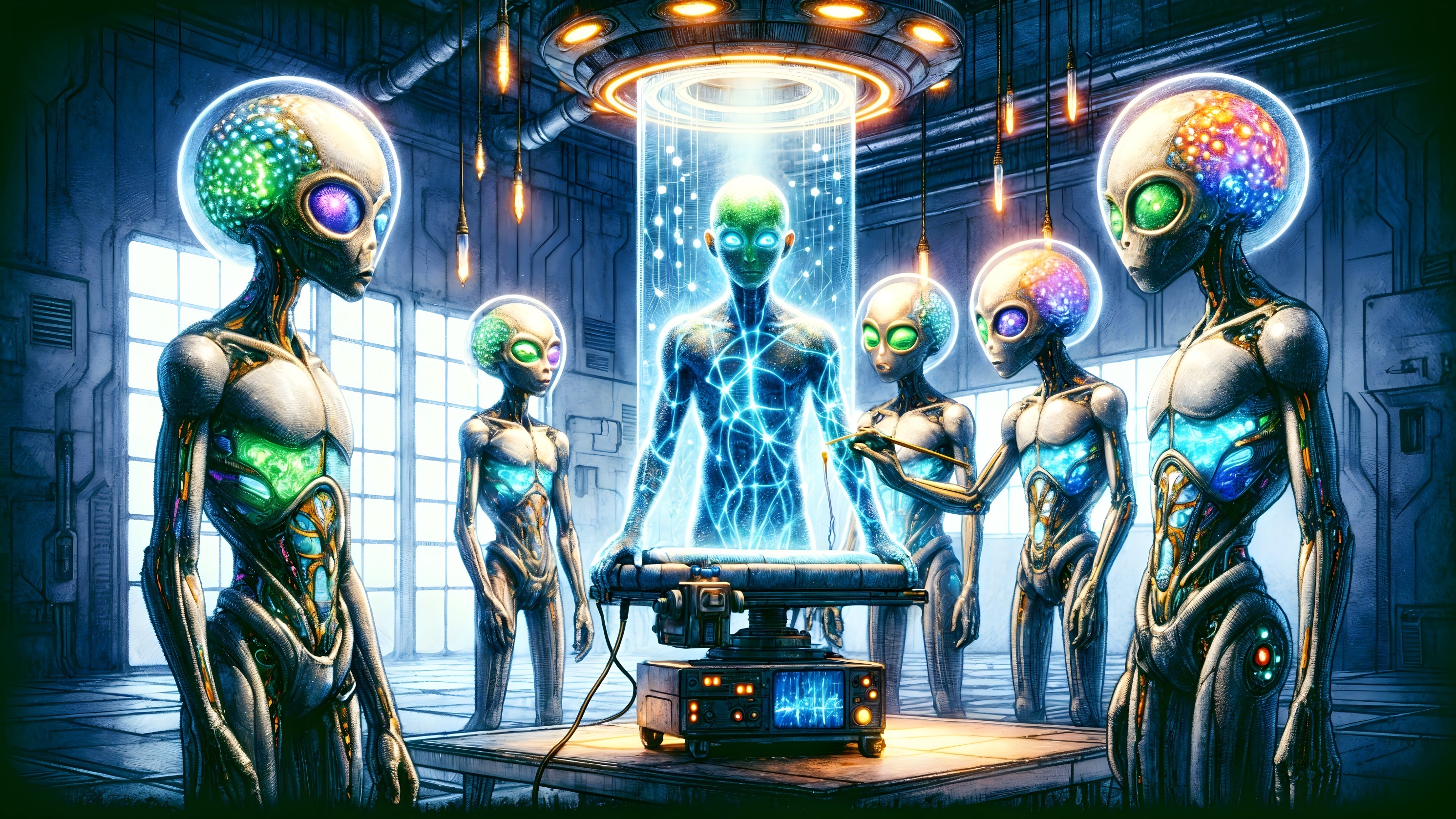 Futuristic Laboratory with Alien Beings and Technology