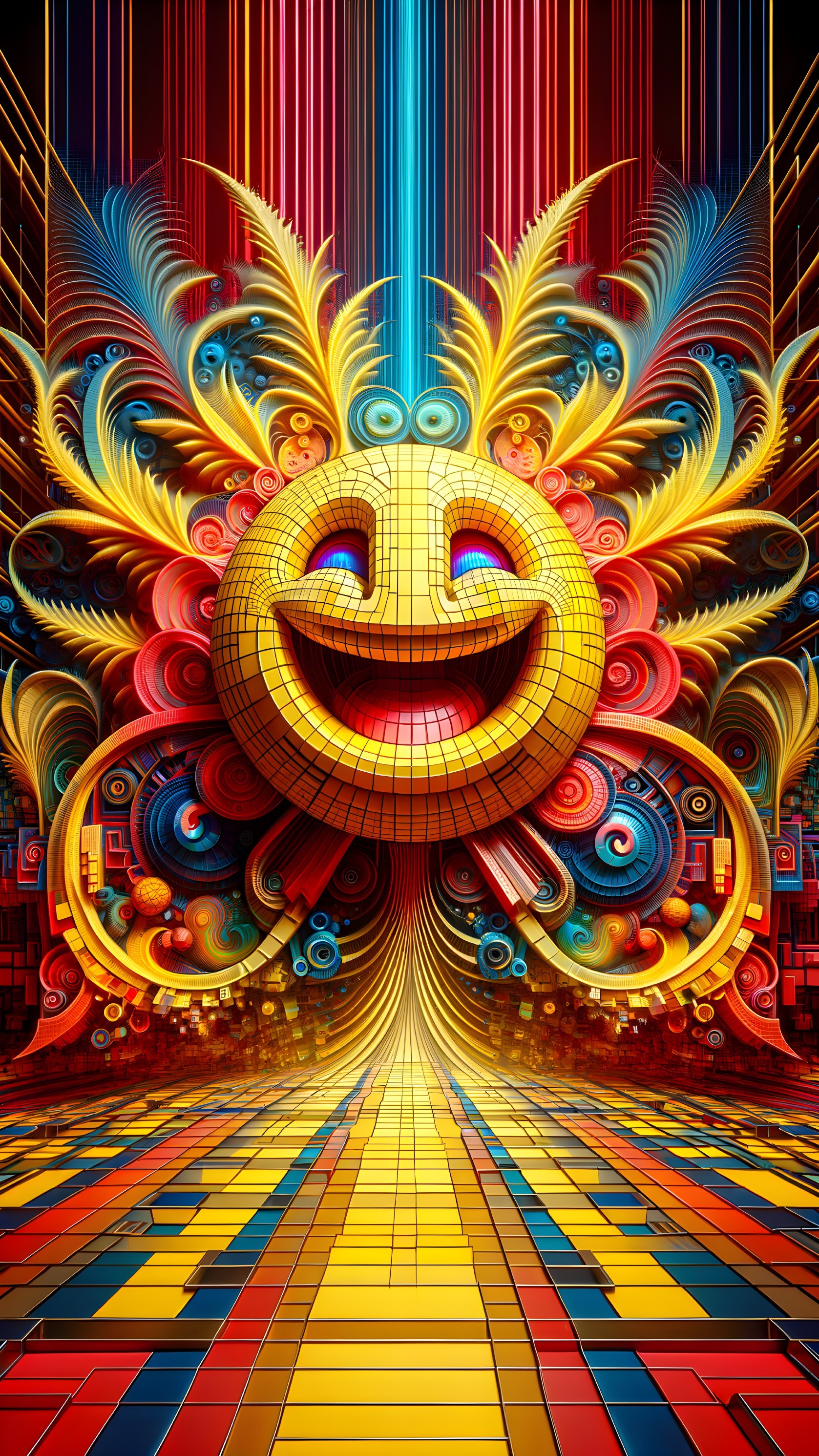Vibrant Digital Landscape with Emoji Face and Patterns