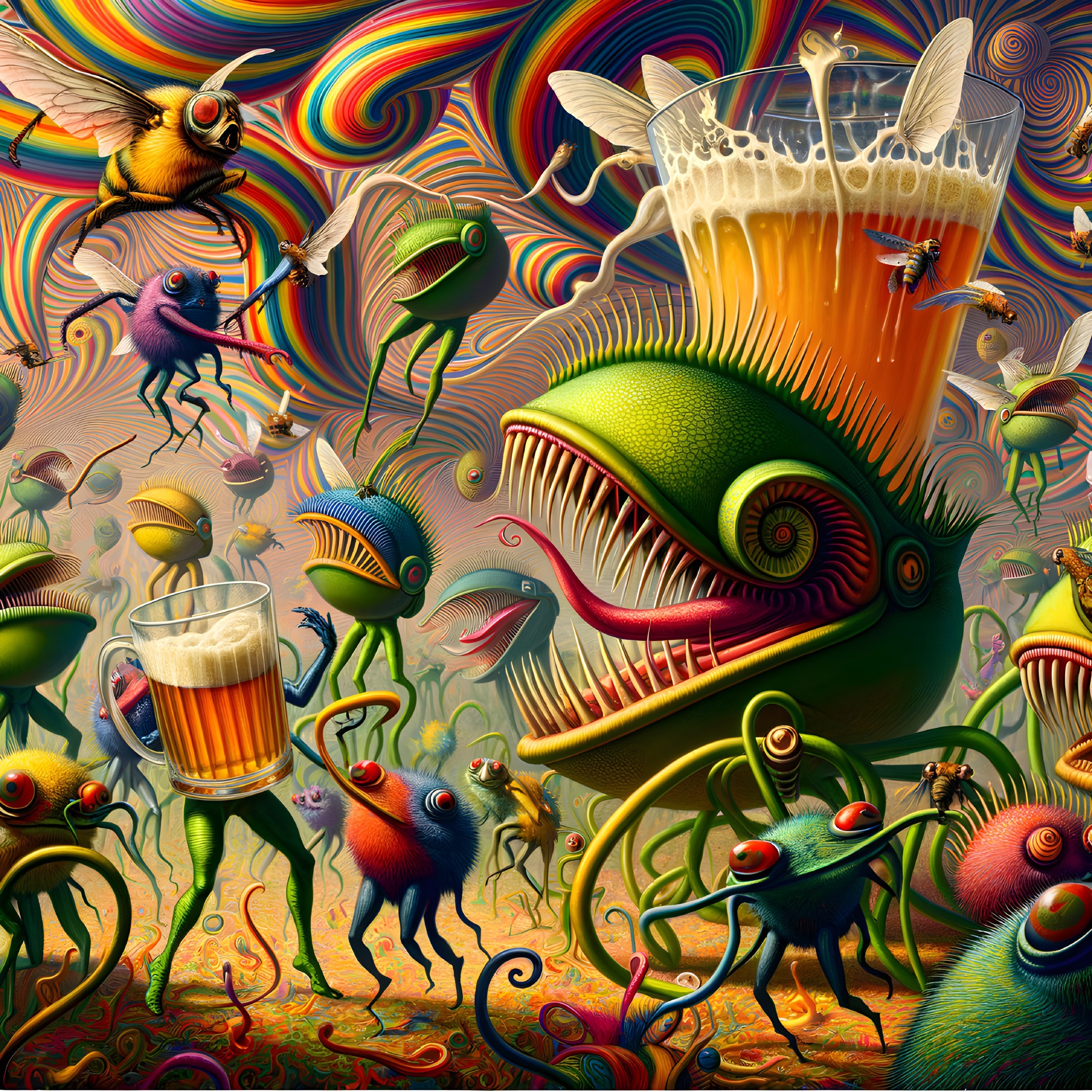 Surreal Scene of Colorful Creatures in Celebration