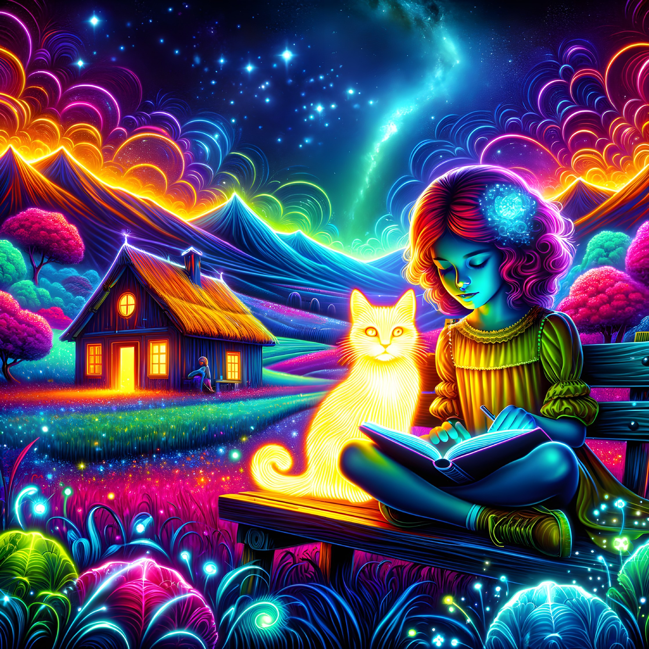 Dreamlike Landscape with Girl, Cat, and Cozy Cabin