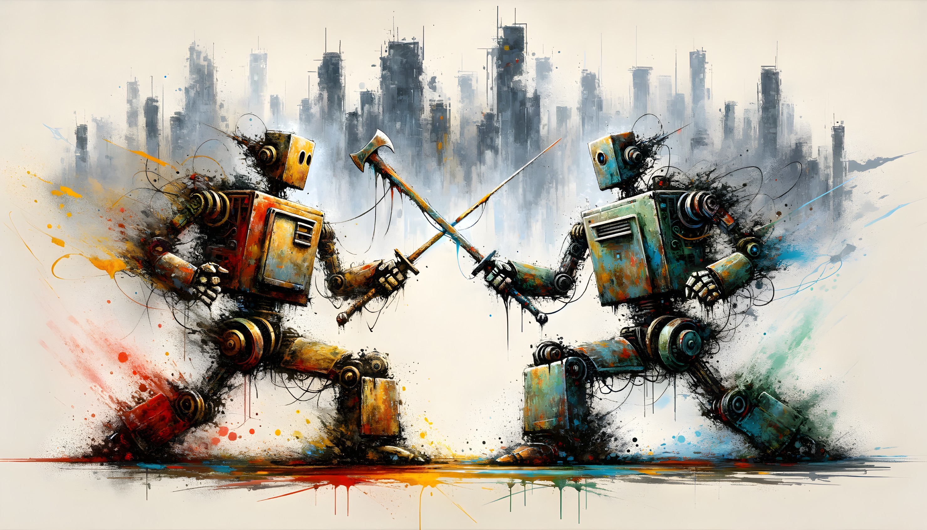 Colorful Robots in Dramatic Urban Duel Scene