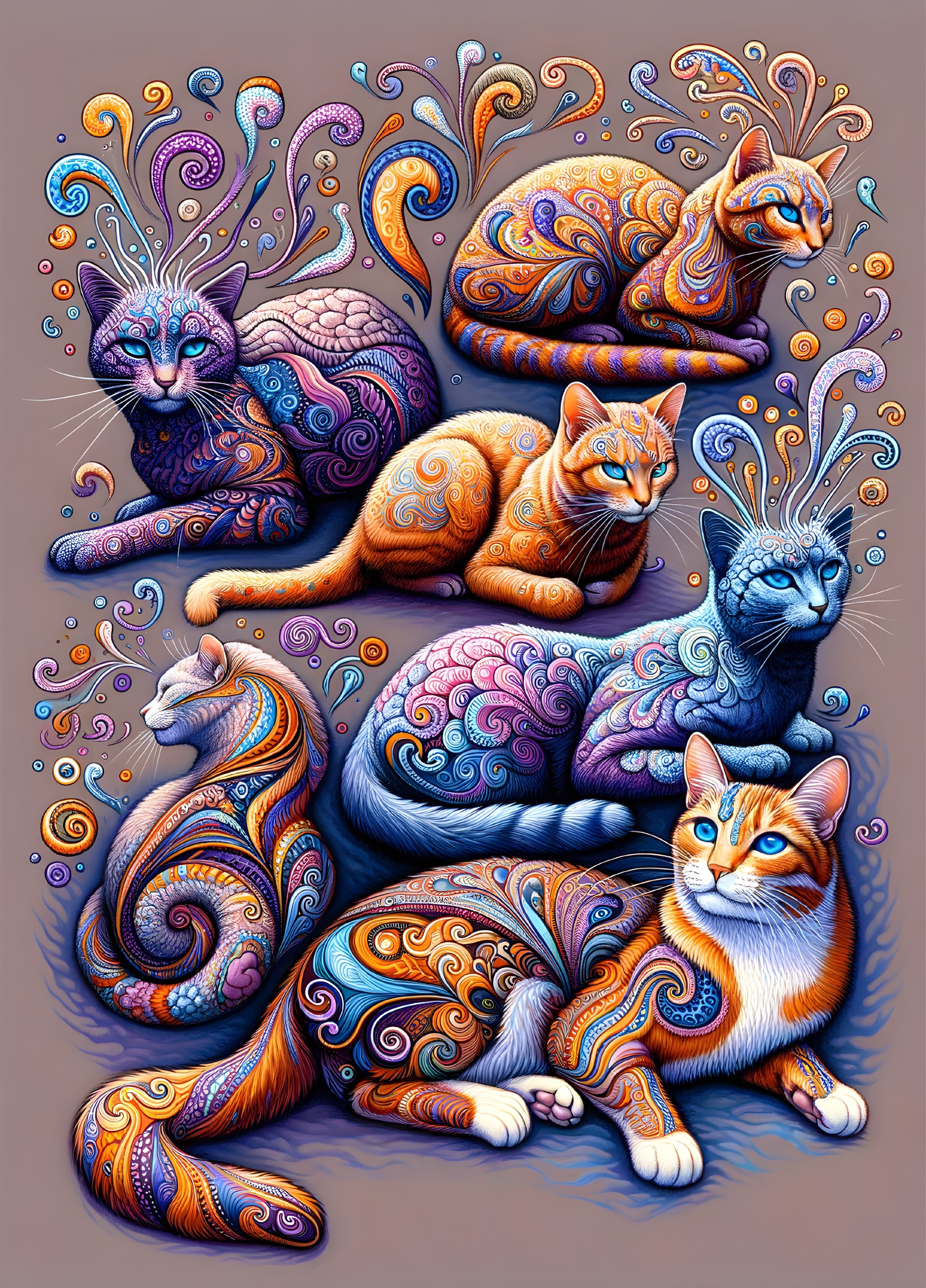 Whimsical Illustration of Six Colorful Cats