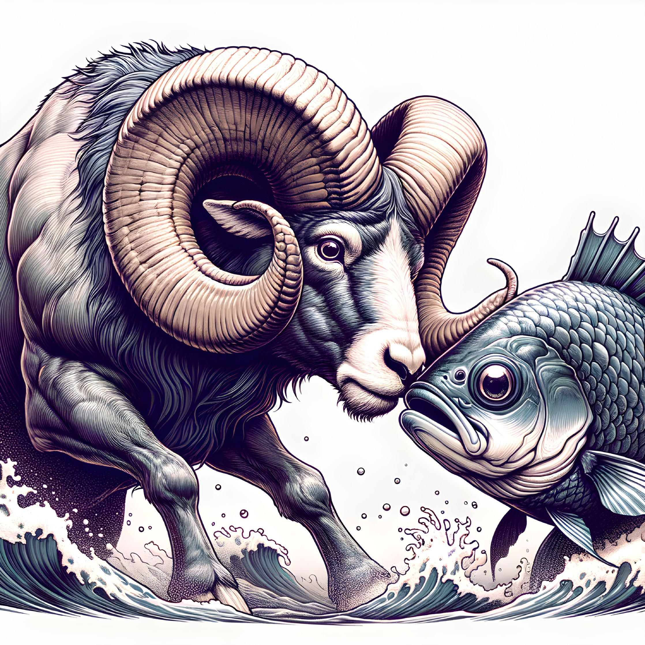 Surreal Illustration of Ram and Fish in Water
