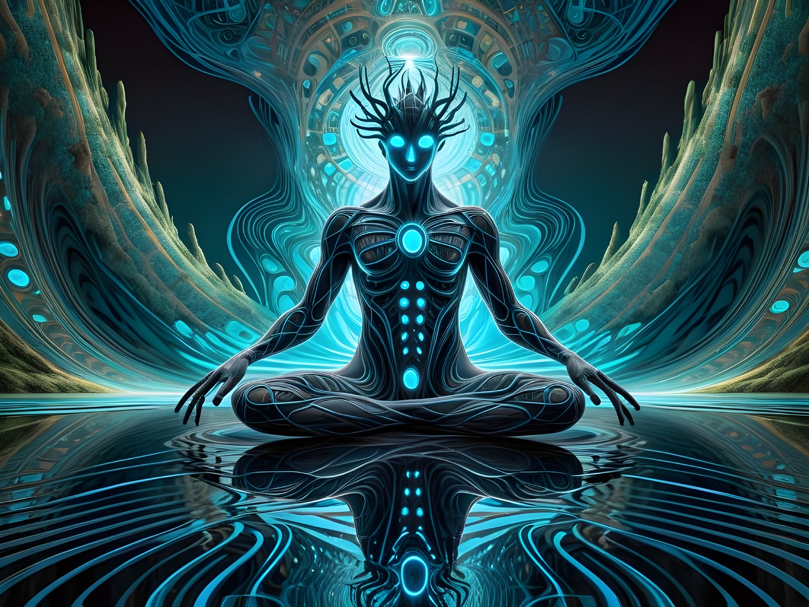 Meditative Figure in Ethereal Landscape with Glow