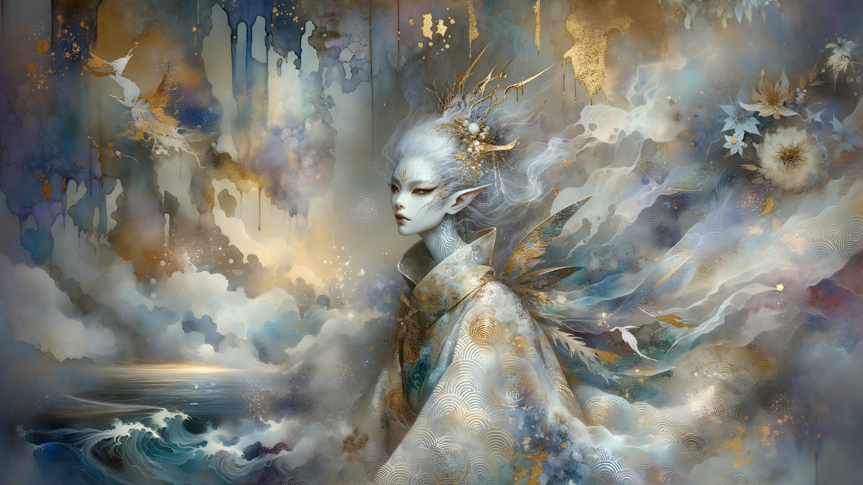 Mystical figure in flowing garment against dreamy backdrop
