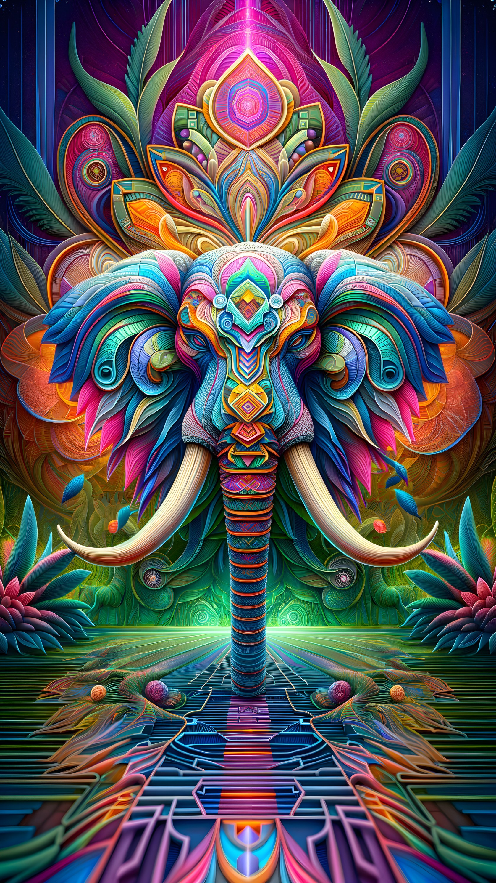 Surreal Illustration of an Elephant with Geometric Patterns