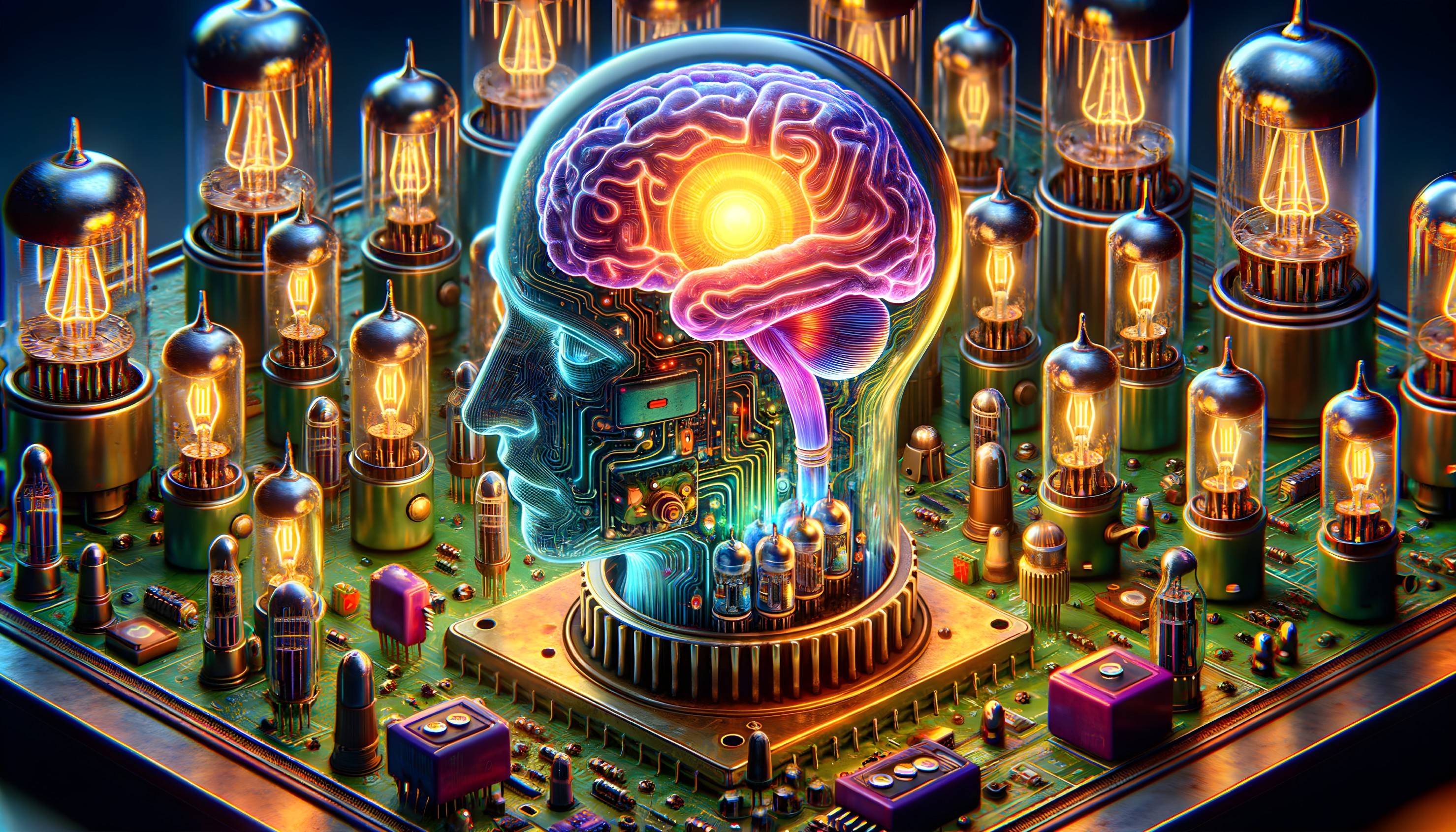 Futuristic Human Head with Circuitry and Glowing Brain