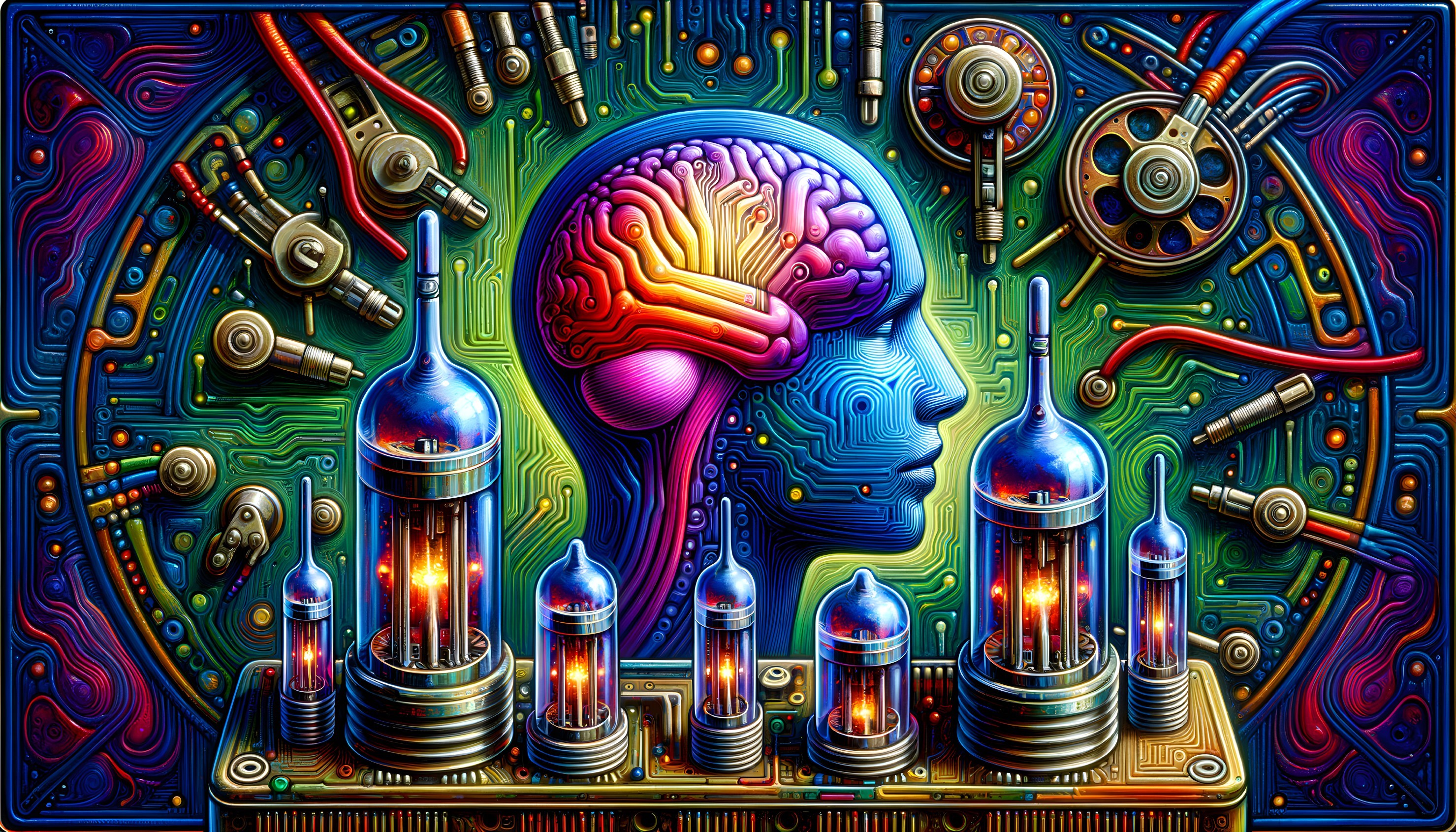 Surreal Human Profile with Colorful Brain and Mechanics