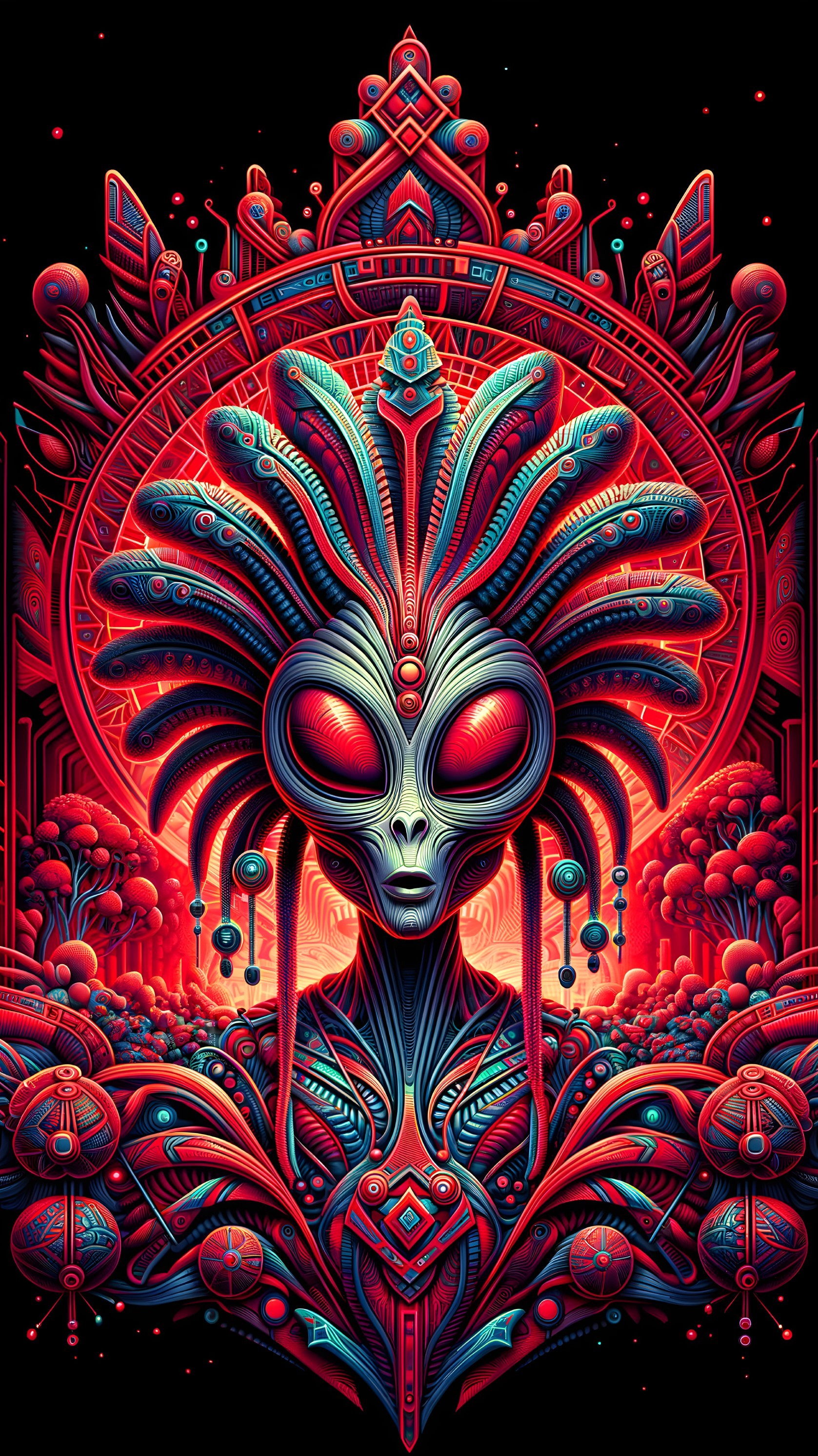 Alien Figure with Feathered Headgear and Vibrant Background