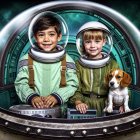 Young Astronauts and Dog Inside Futuristic Spacecraft