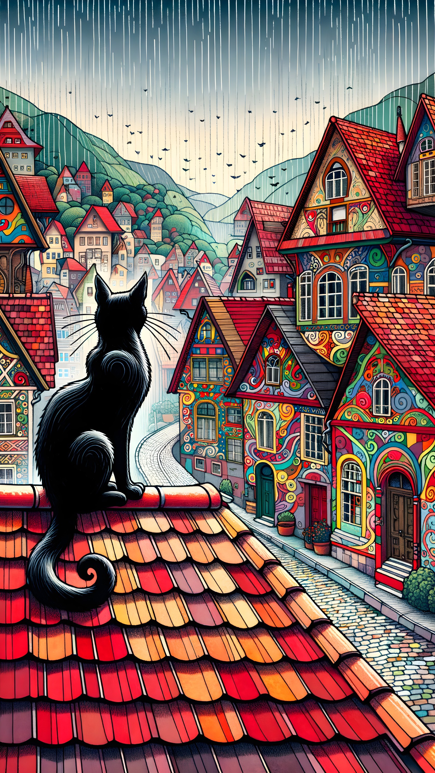 Black Cat on Colorful Rooftop Overlooking Village