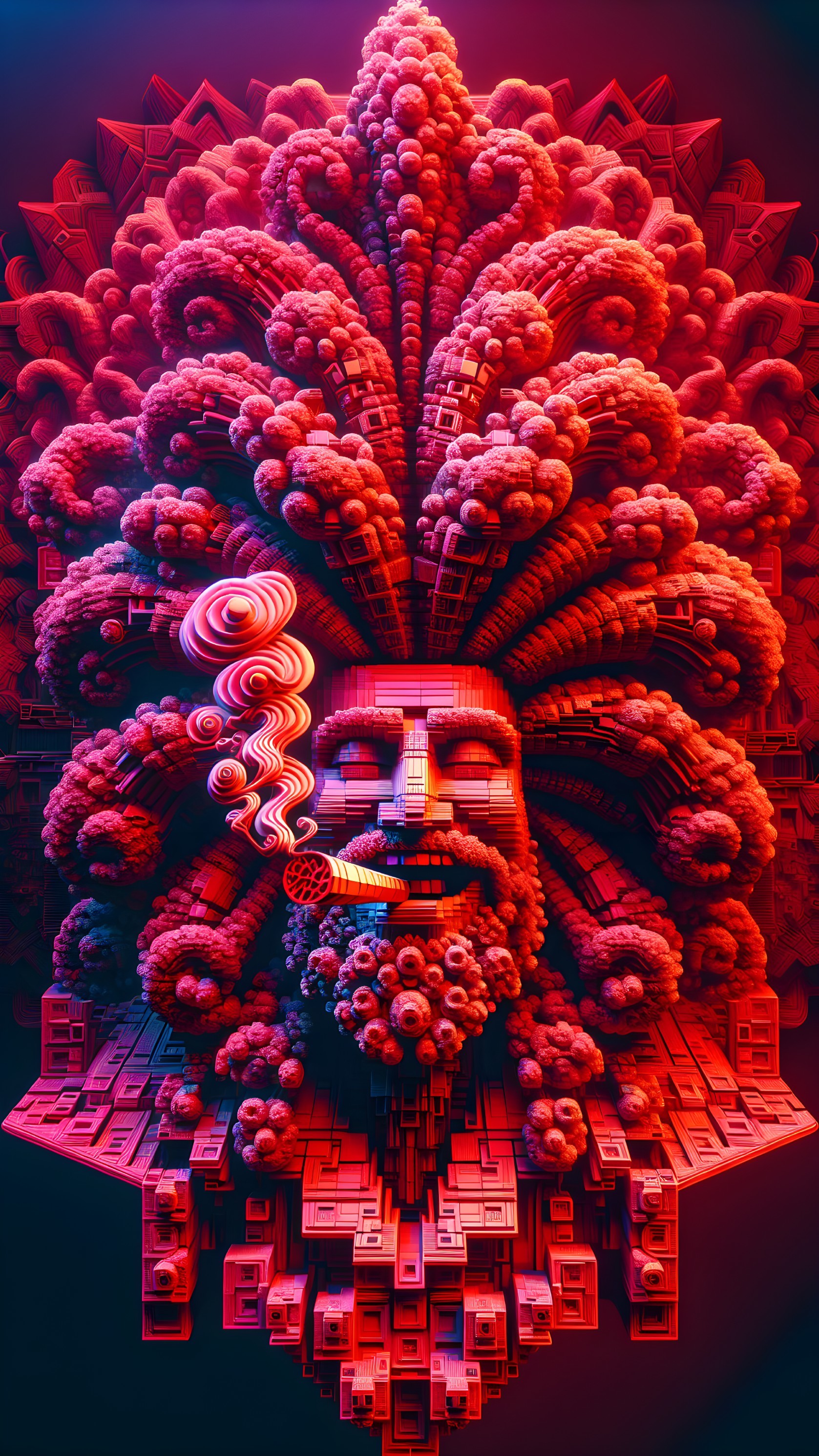 Surreal Sculpture of a Face with Coral Mane