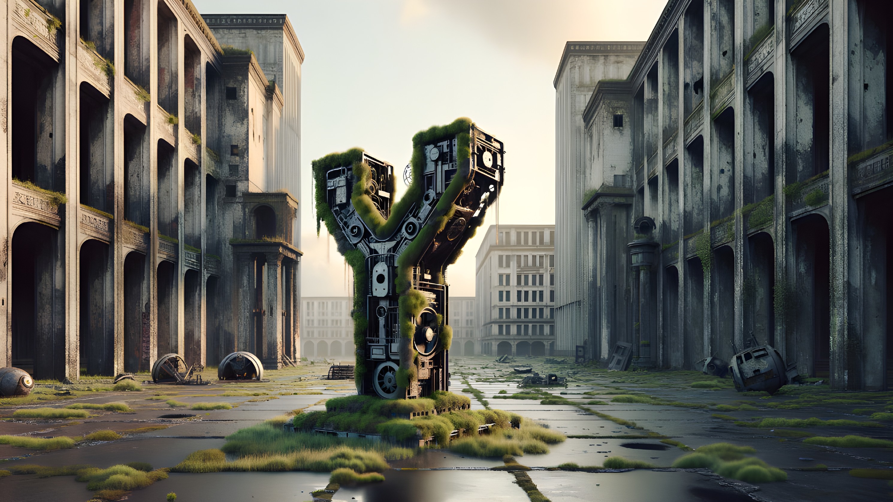 Decaying City Street with Overgrown Mechanical Structure