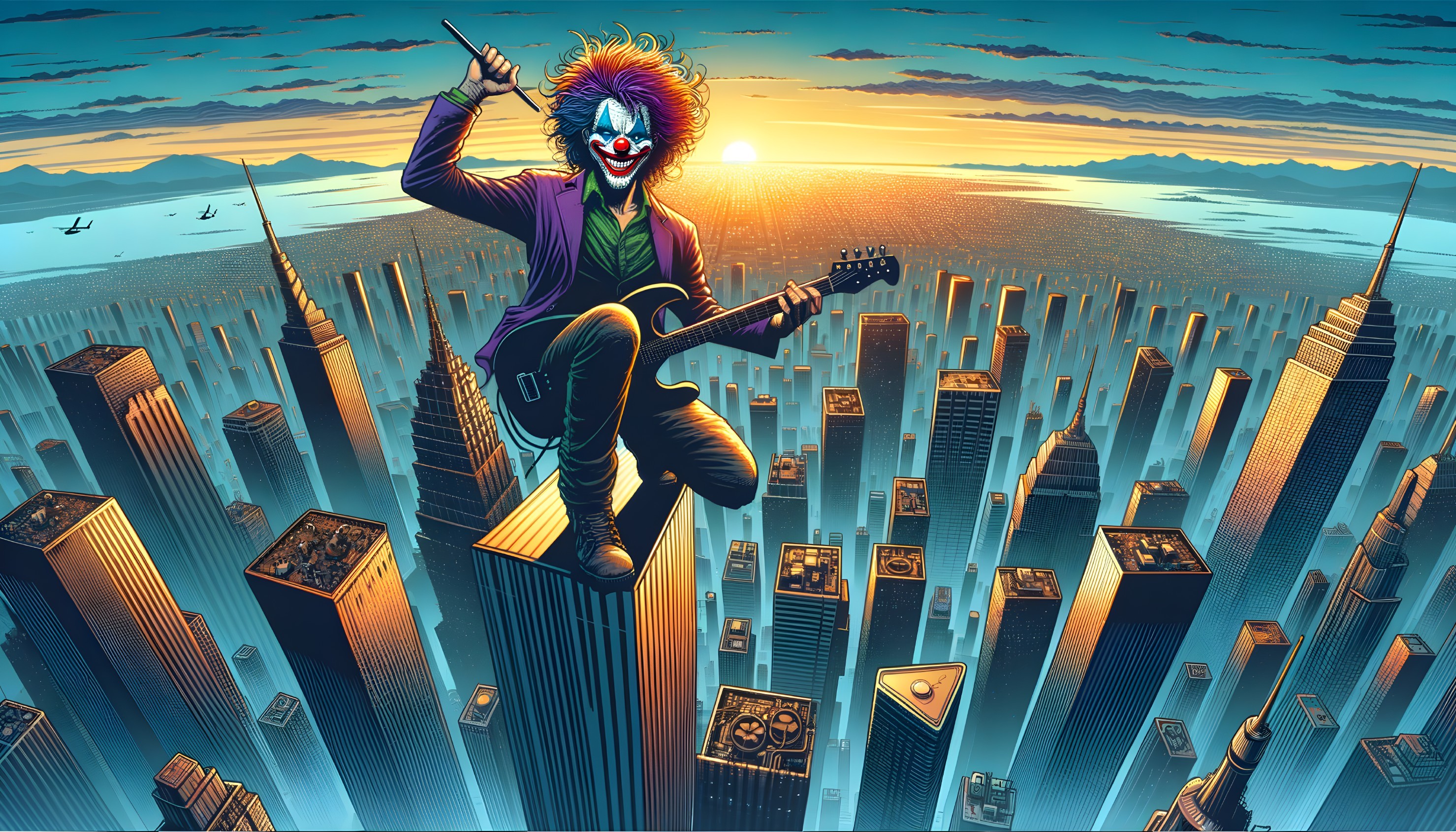 Vibrant Clown Figure on Skyscraper at Sunset