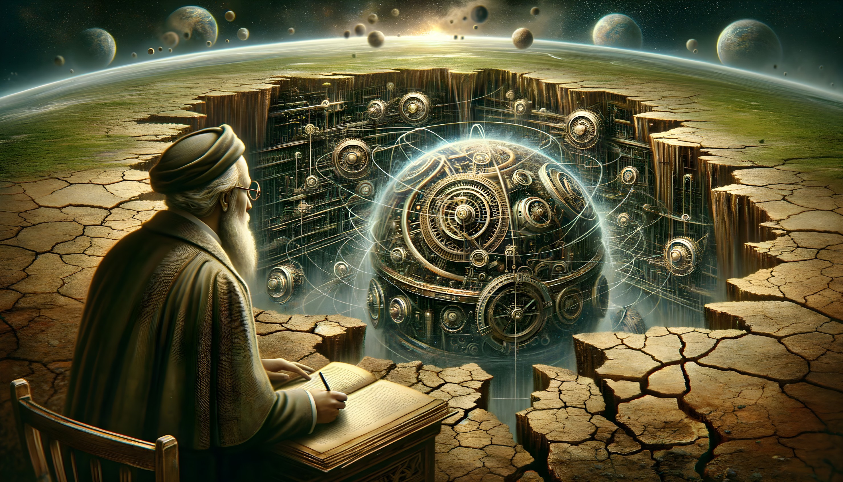 Wise Figure Observing Glowing Mechanical Sphere in Pit