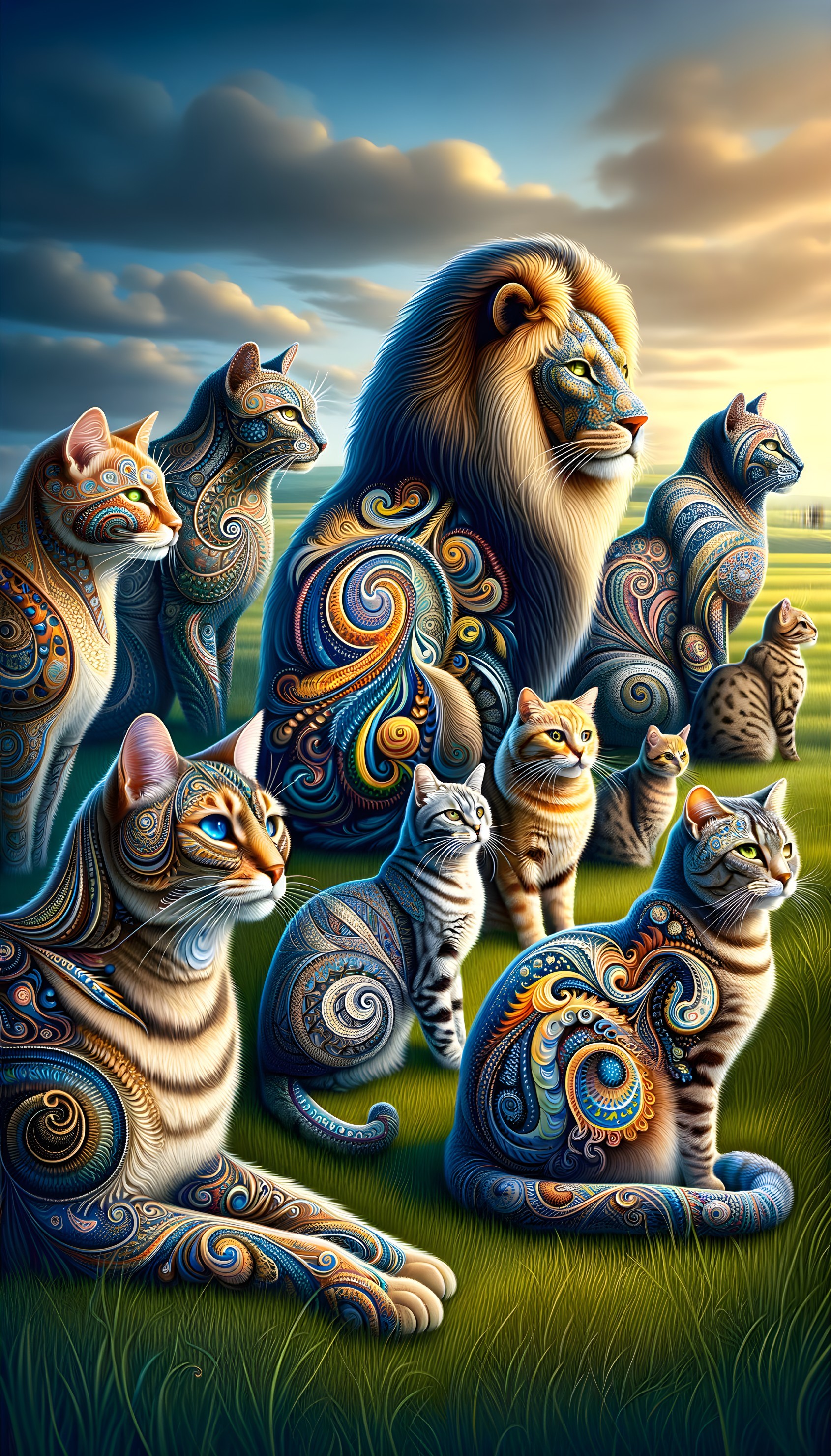 Surreal Cats and Lion with Colorful Paisley Patterns