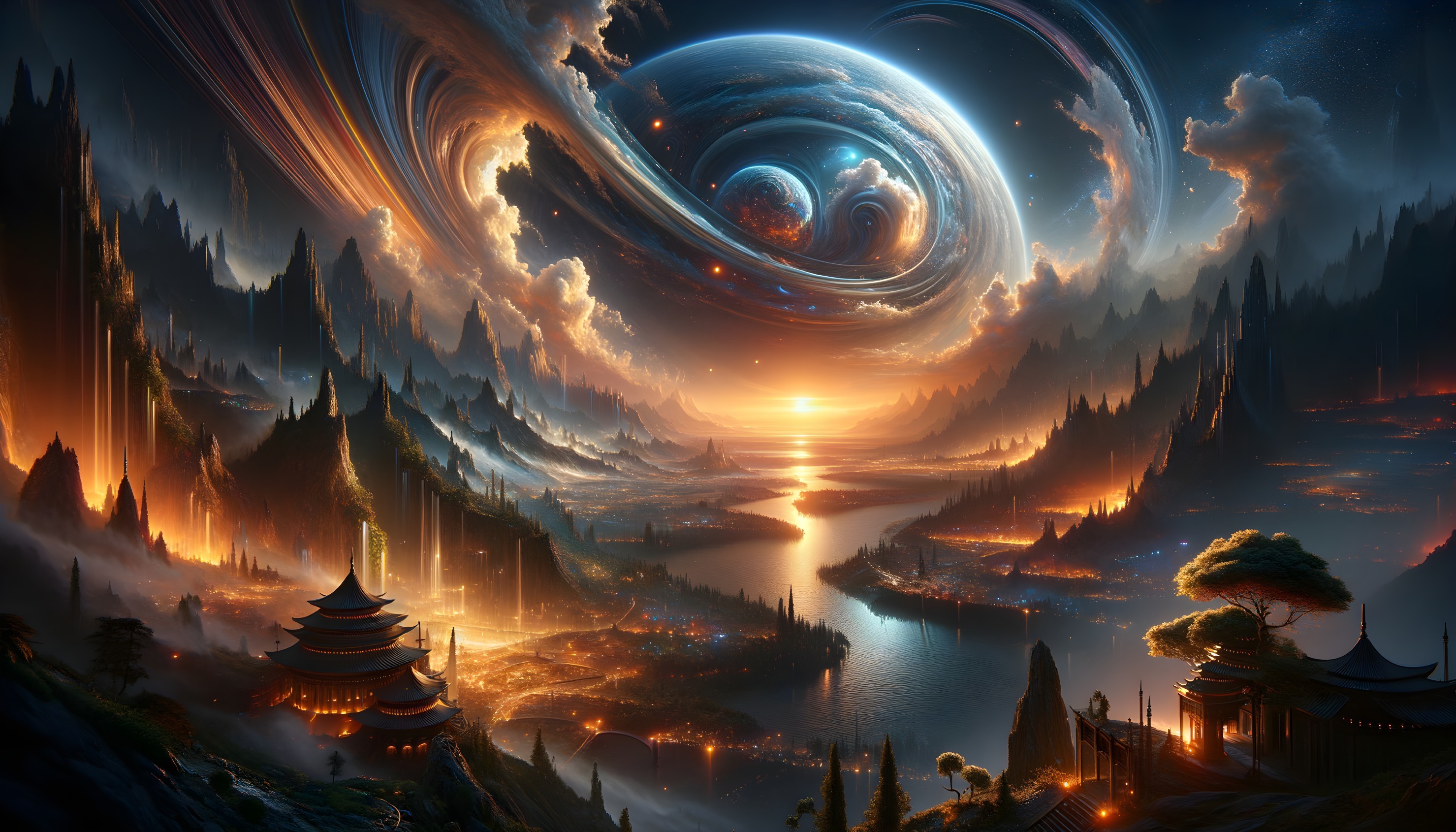 Majestic Mountains and Serene River in Ethereal Glow