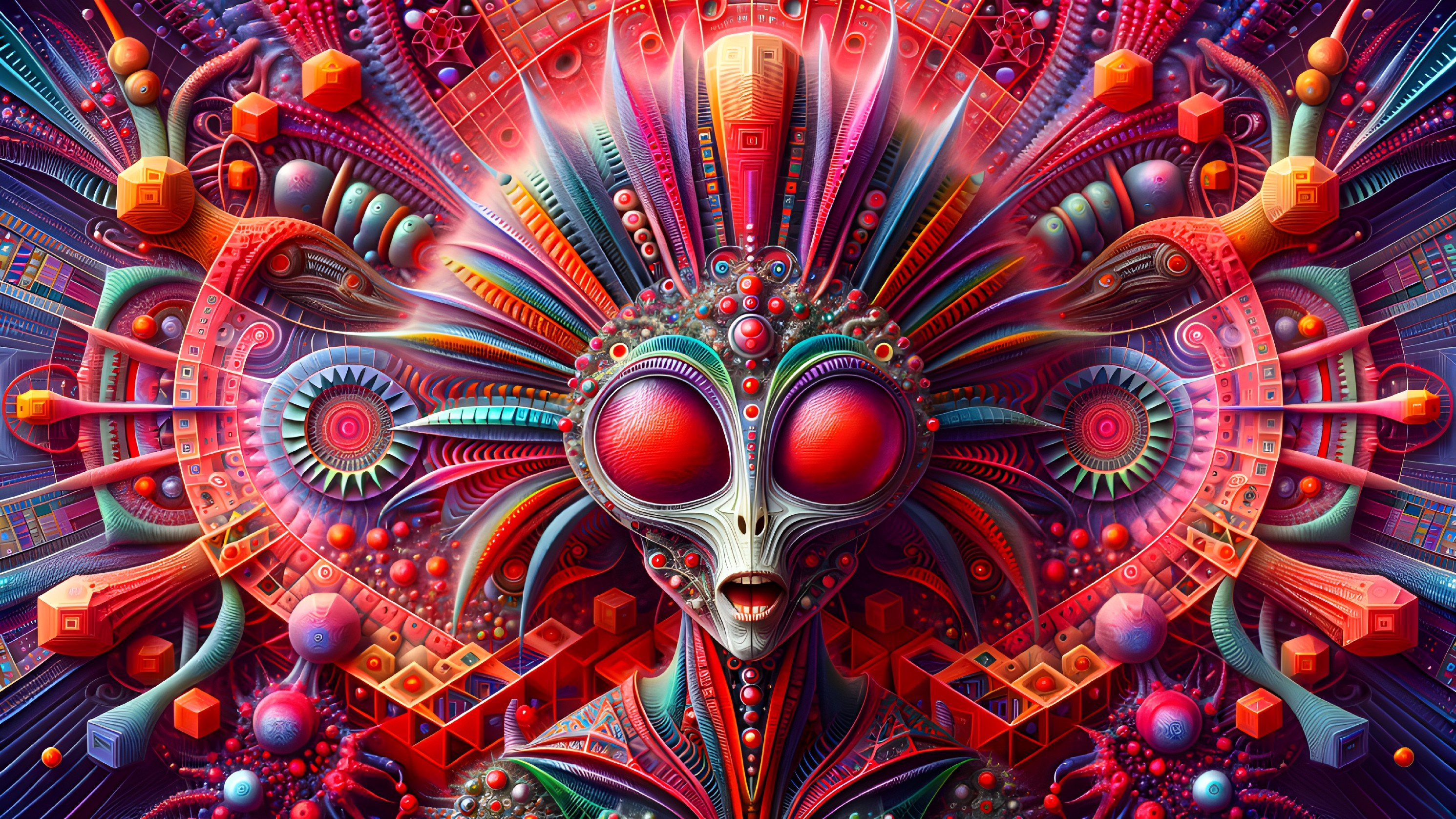 Psychedelic Alien Figure with Geometric Patterns