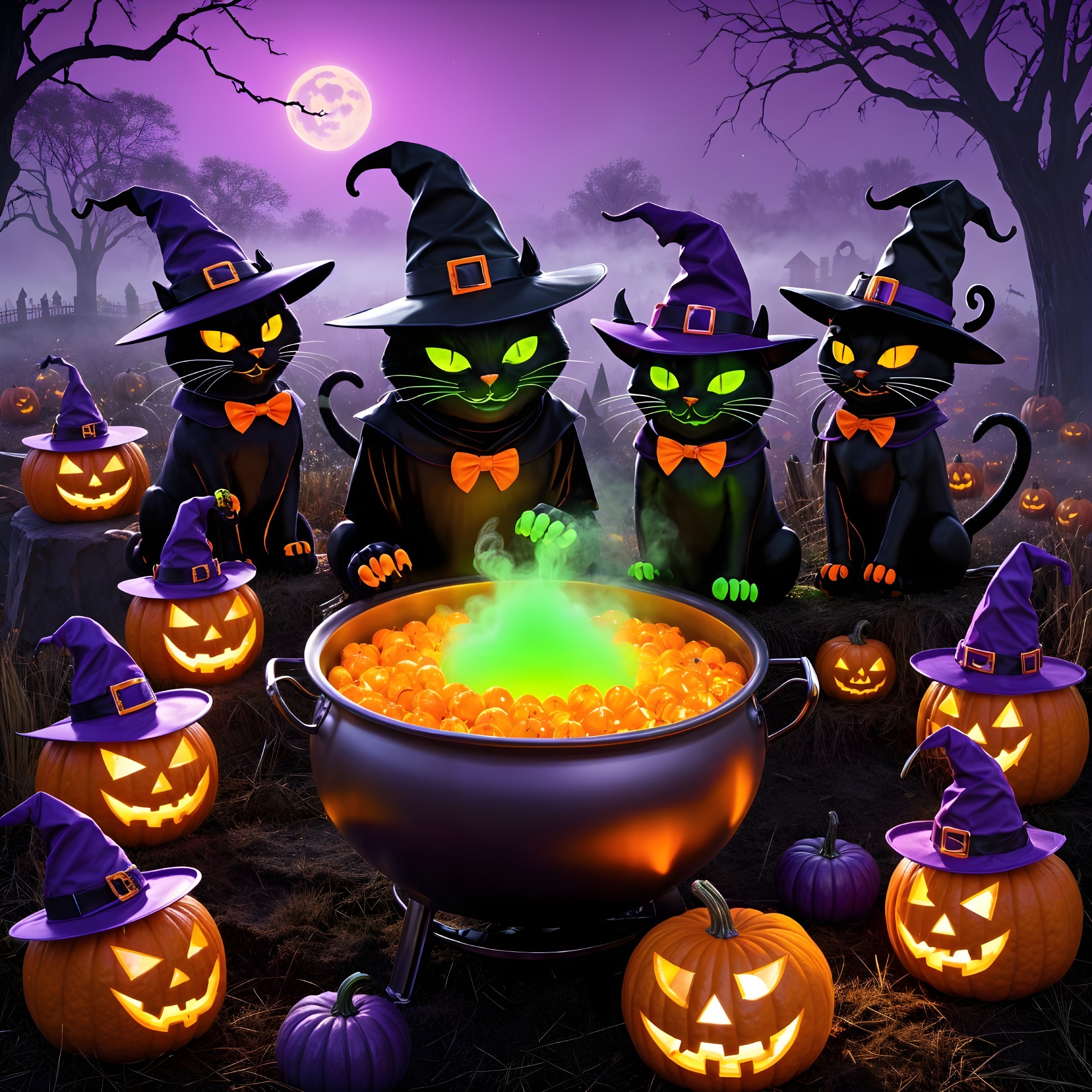 Whimsical Black Cats in Halloween Cauldron Scene