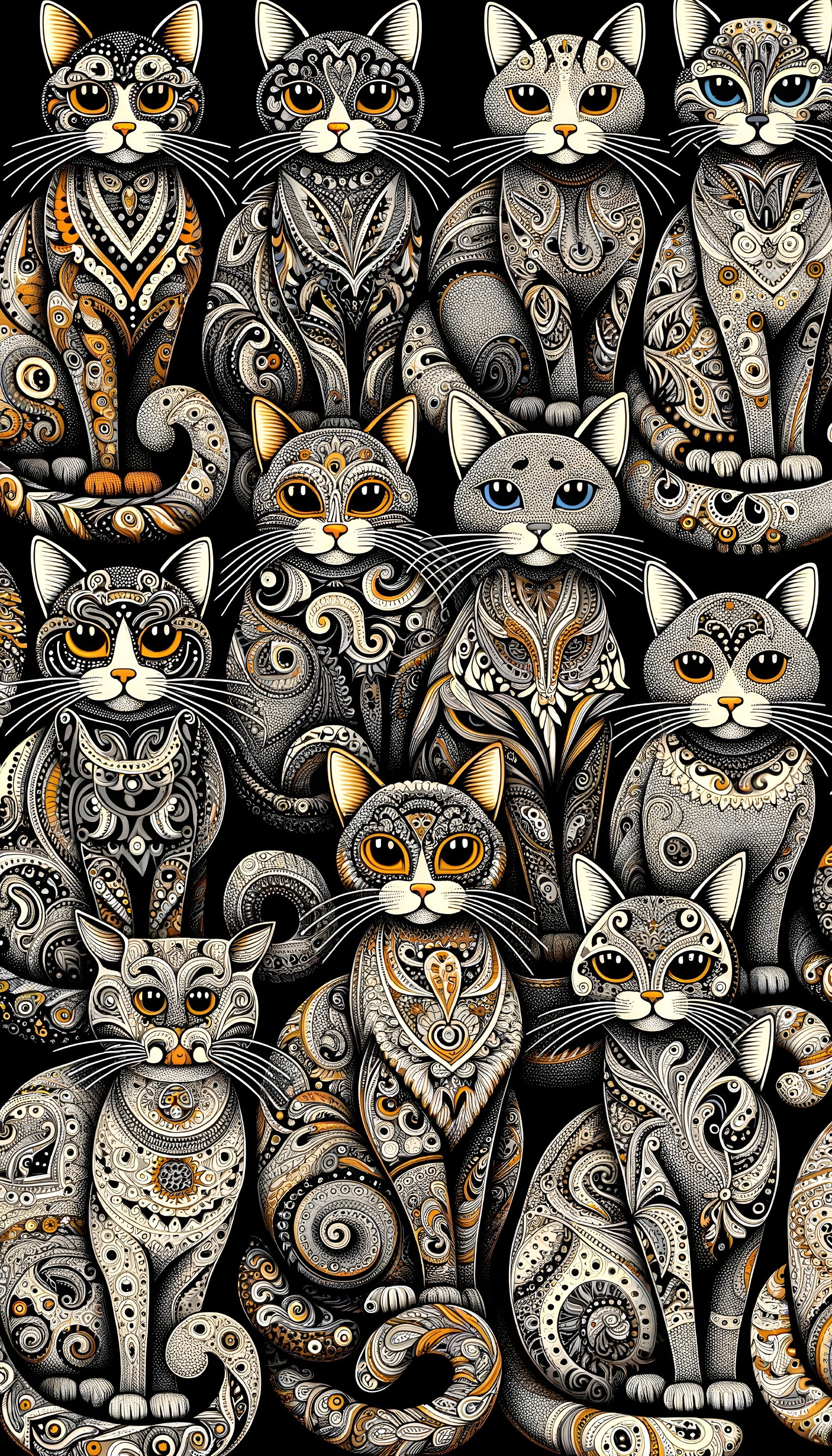 Whimsical Illustration of Intricately Designed Cats