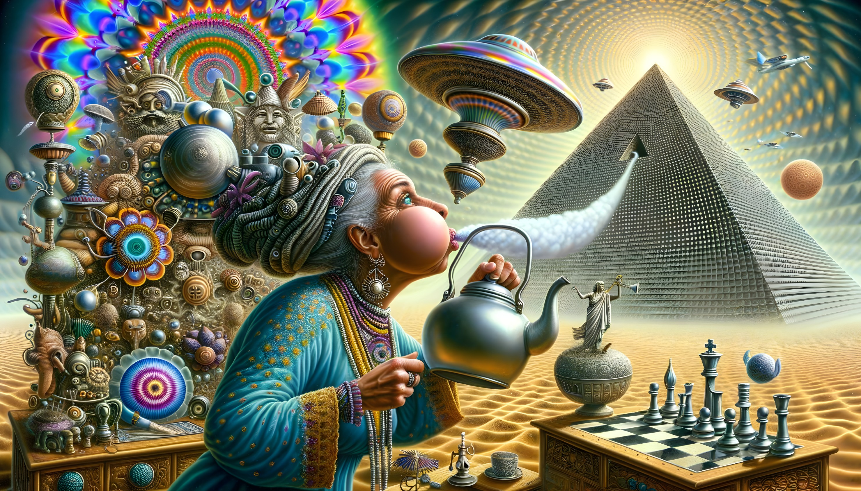 Surreal Scene of Elderly Woman Pouring Steam from Kettle