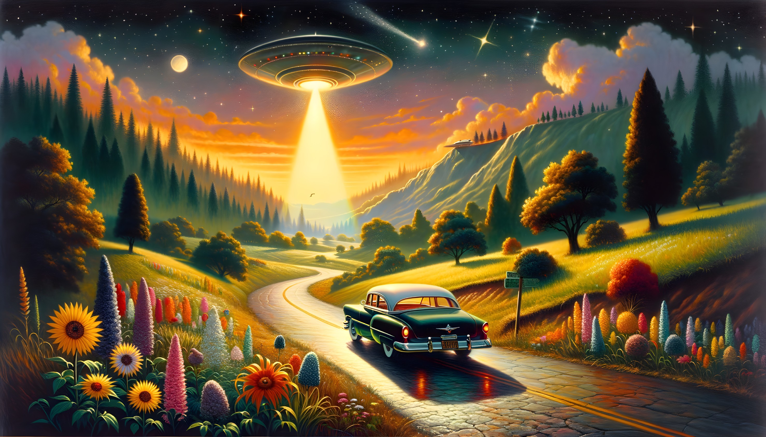 Vintage car on winding road with UFO and sunset backdrop