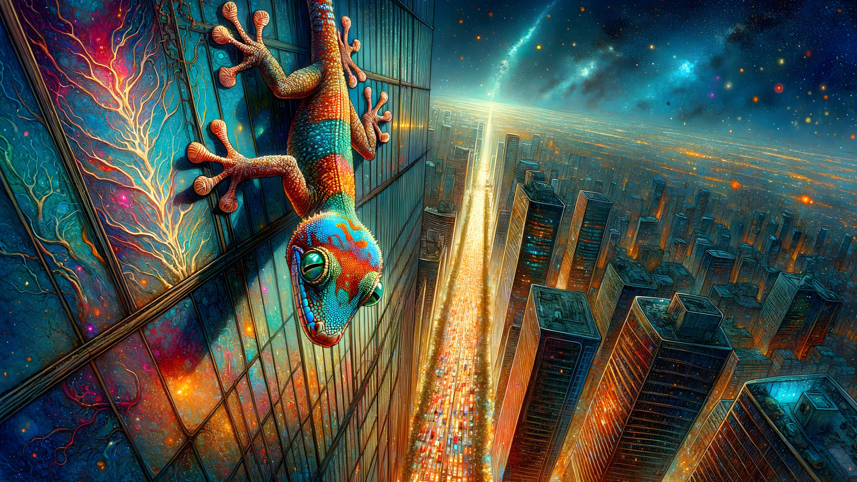 Colorful Gecko on Skyscraper with Cosmic Background