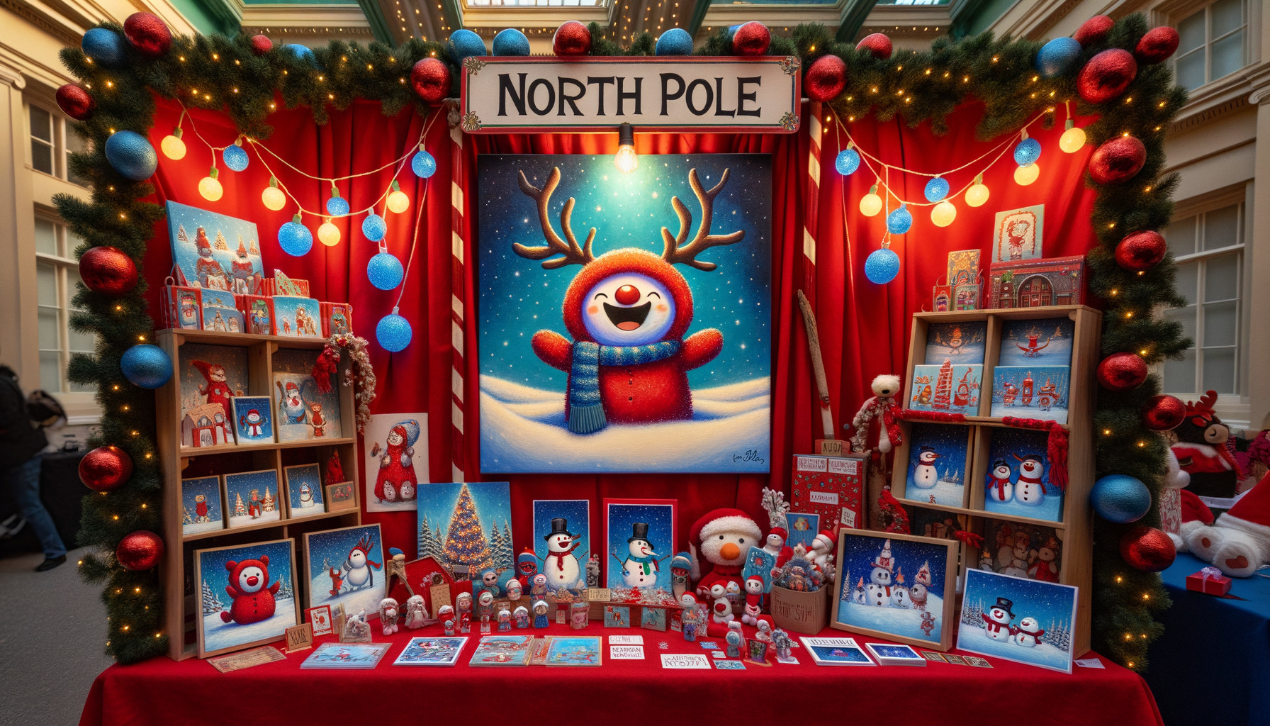 Festive Christmas Display with Snowman Painting and Decor