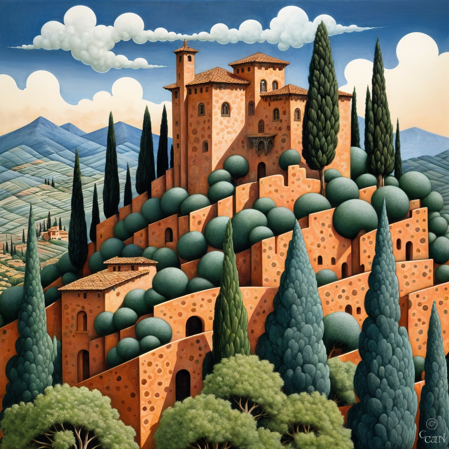 Vibrant Landscape with Terracotta Castle and Hills